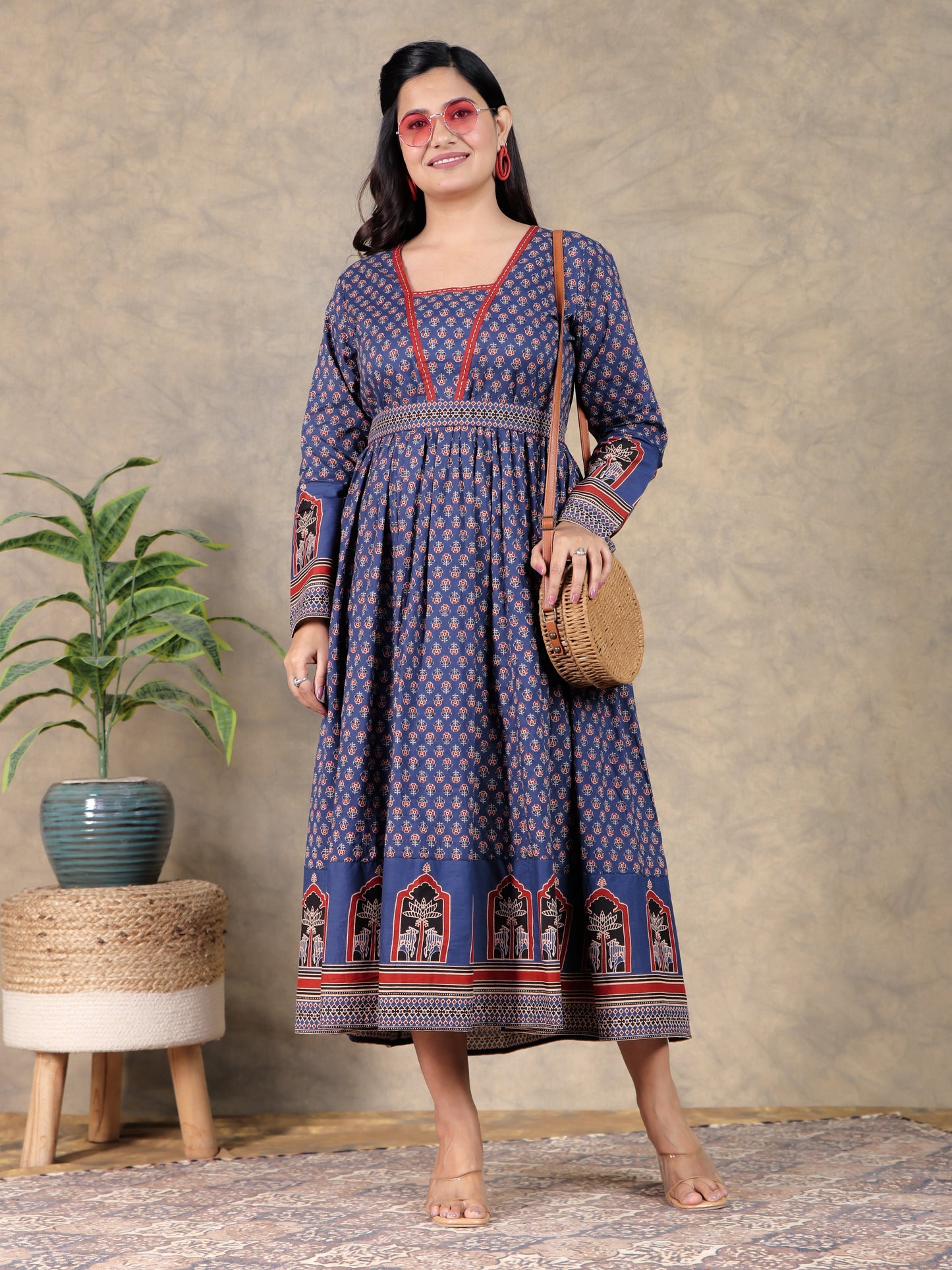 Soft Cotton Butti Anarkali Blue Dress