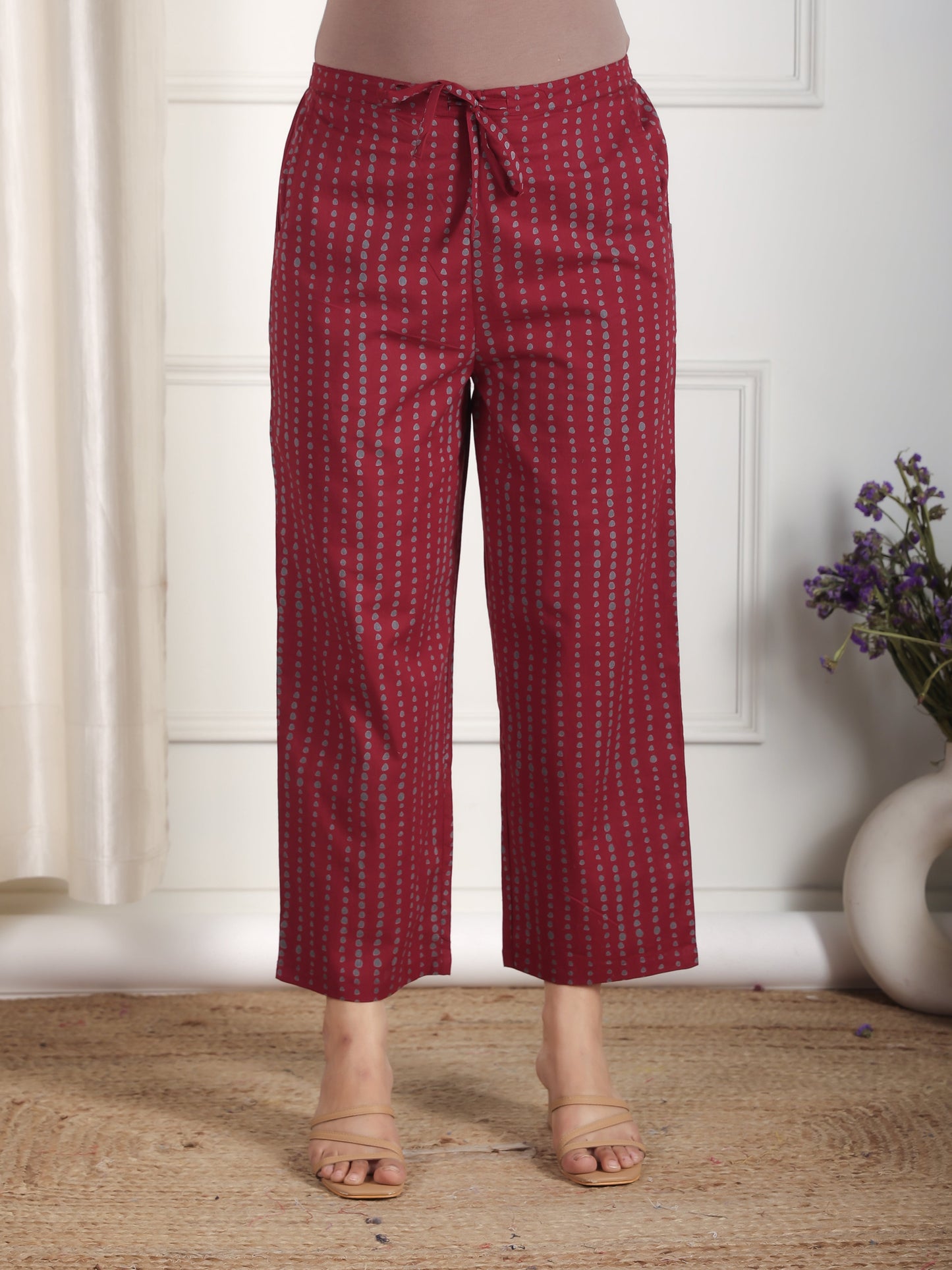 Soft Cotton Floral Maroon Straight Trousers
