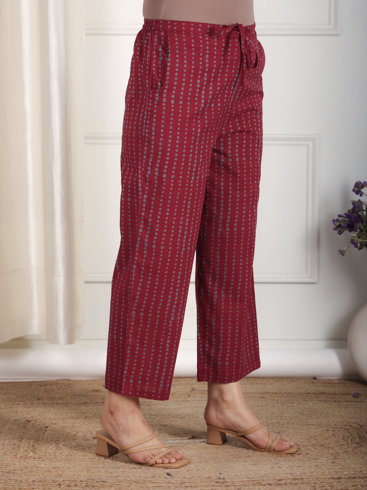 Soft Cotton Floral Maroon Straight Trousers