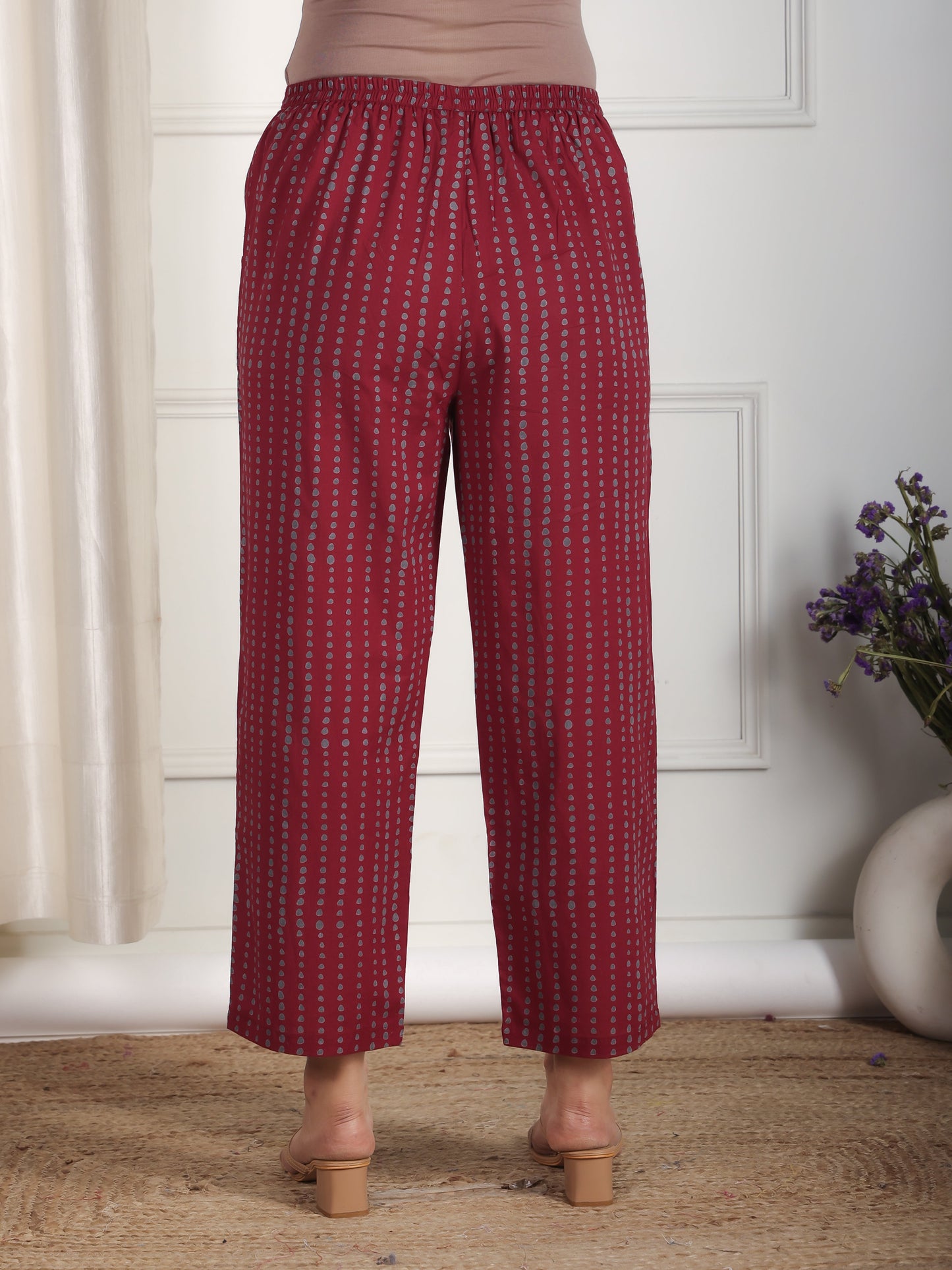 Soft Cotton Floral Maroon Straight Trousers