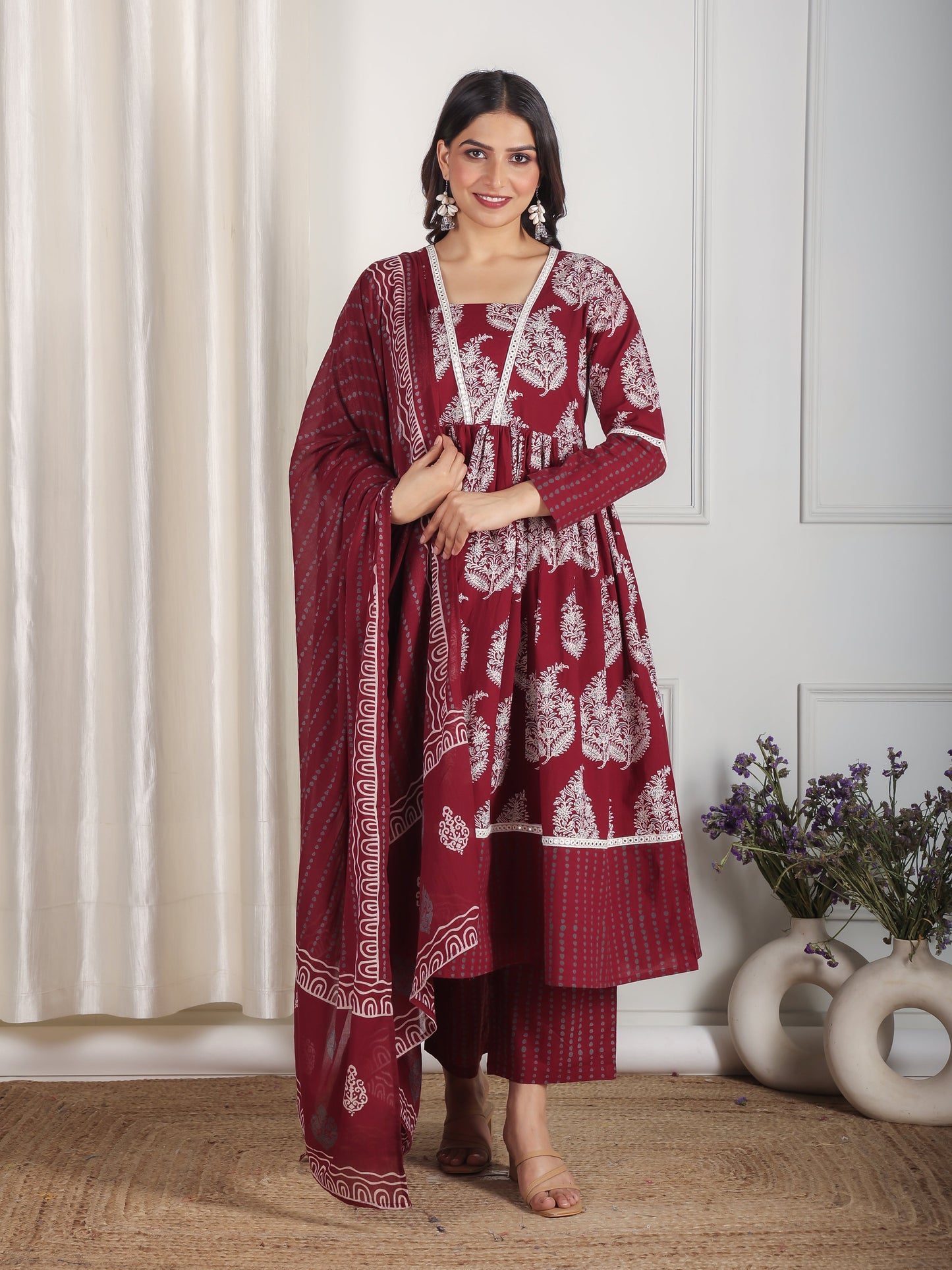 Cotton Voile Floral Maroon Dupatta