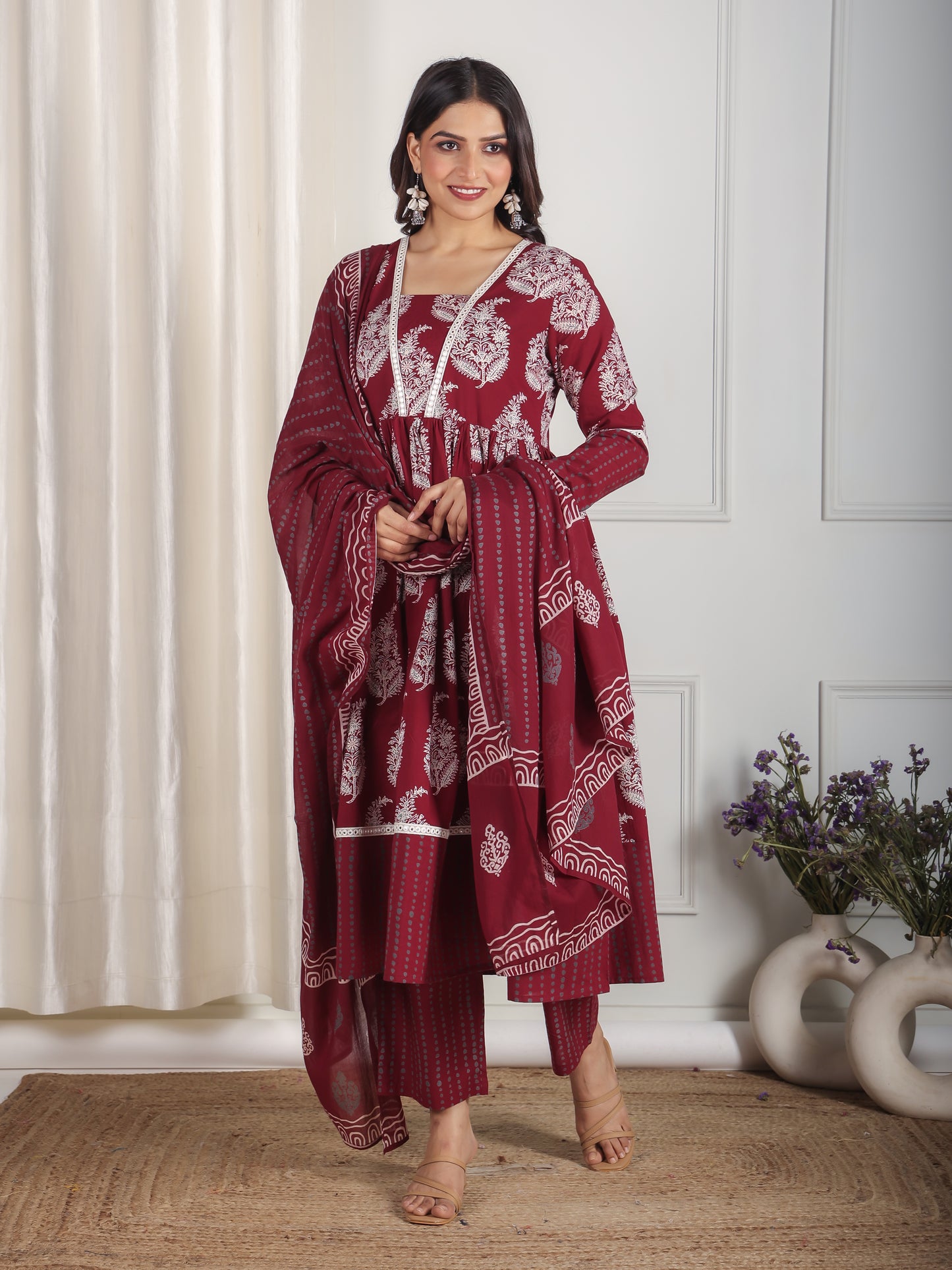 Soft Cotton Floral Anarkali Maroon Kurta