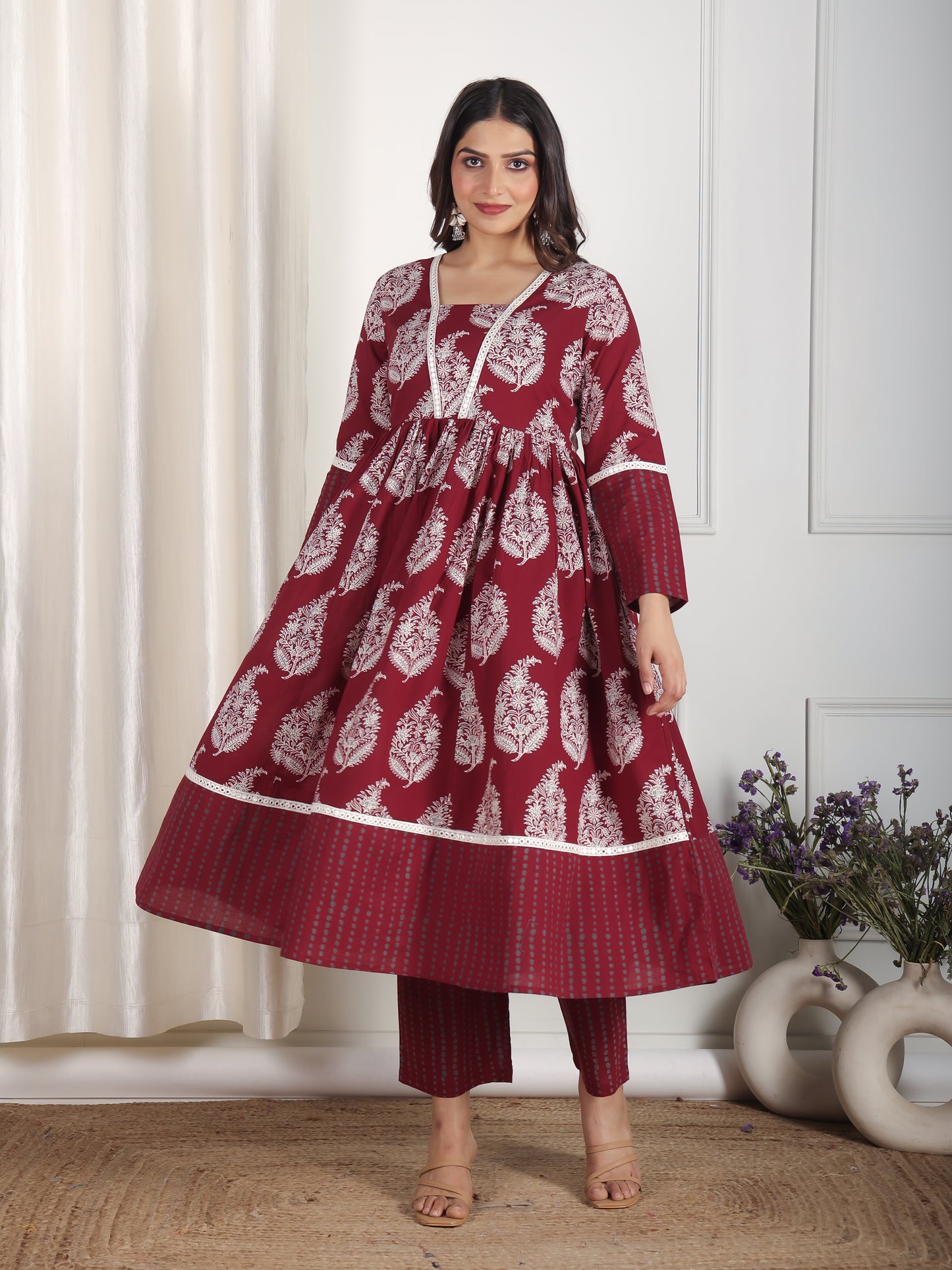 Soft Cotton Floral Anarkali Maroon Kurta