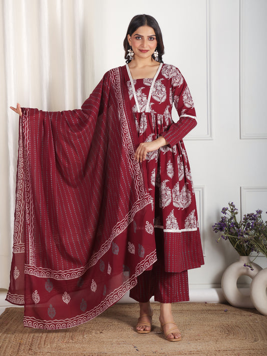 Soft Cotton Floral Anarkali Maroon Kurta