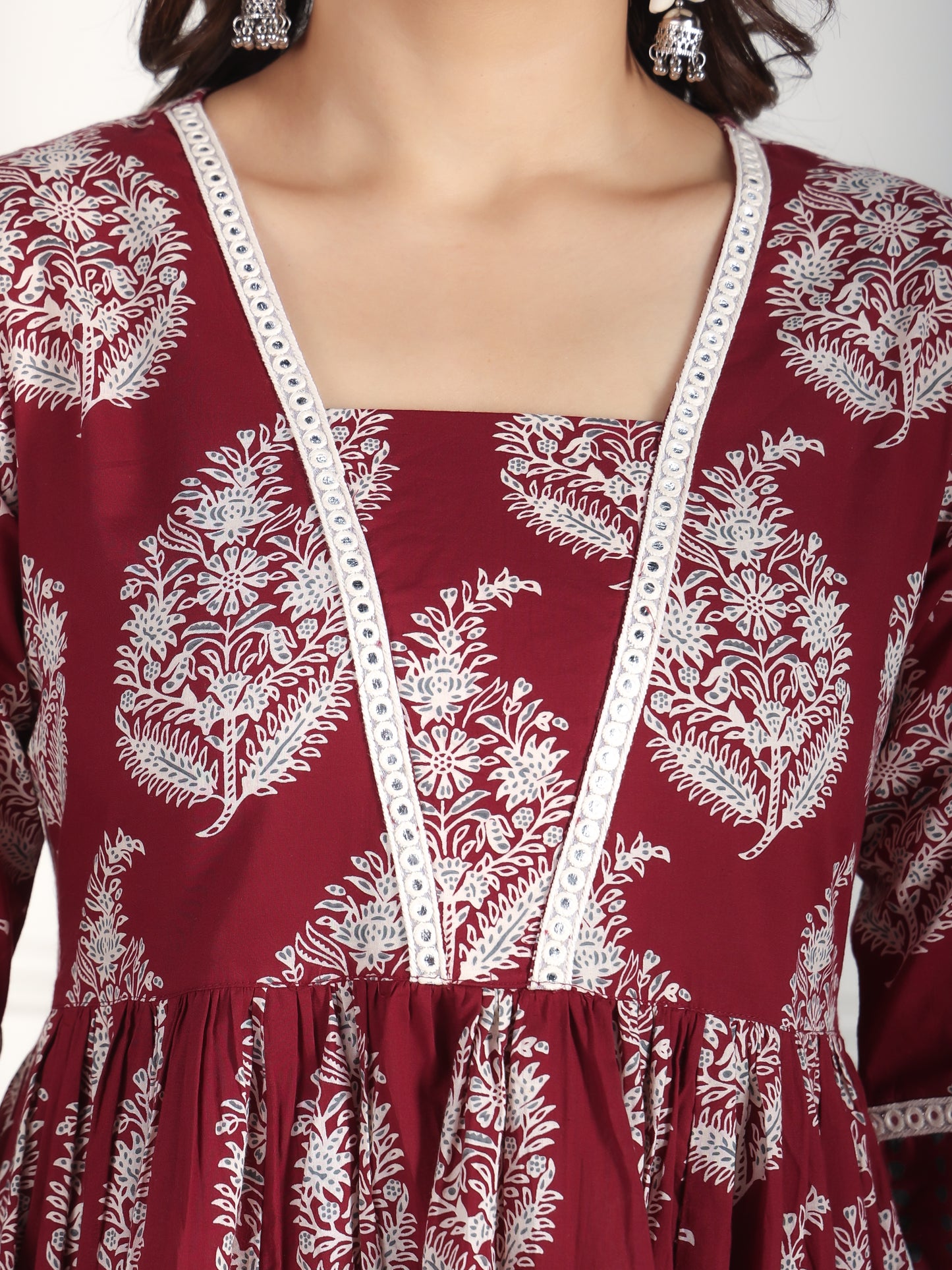 Soft Cotton Floral Anarkali Maroon Kurta