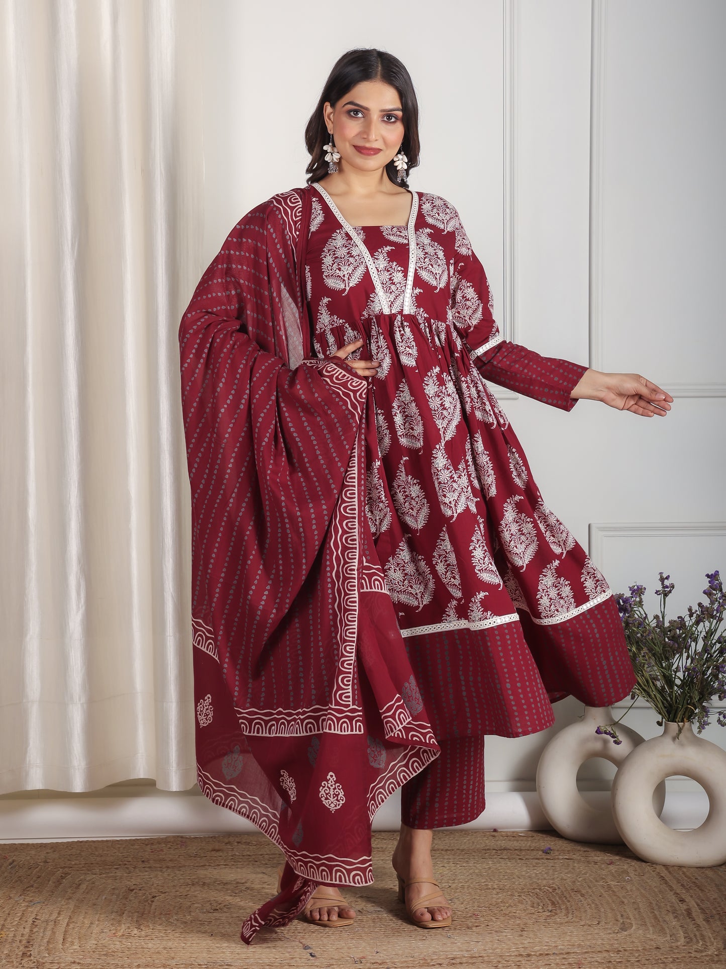 Soft Cotton Floral Anarkali Maroon Kurta