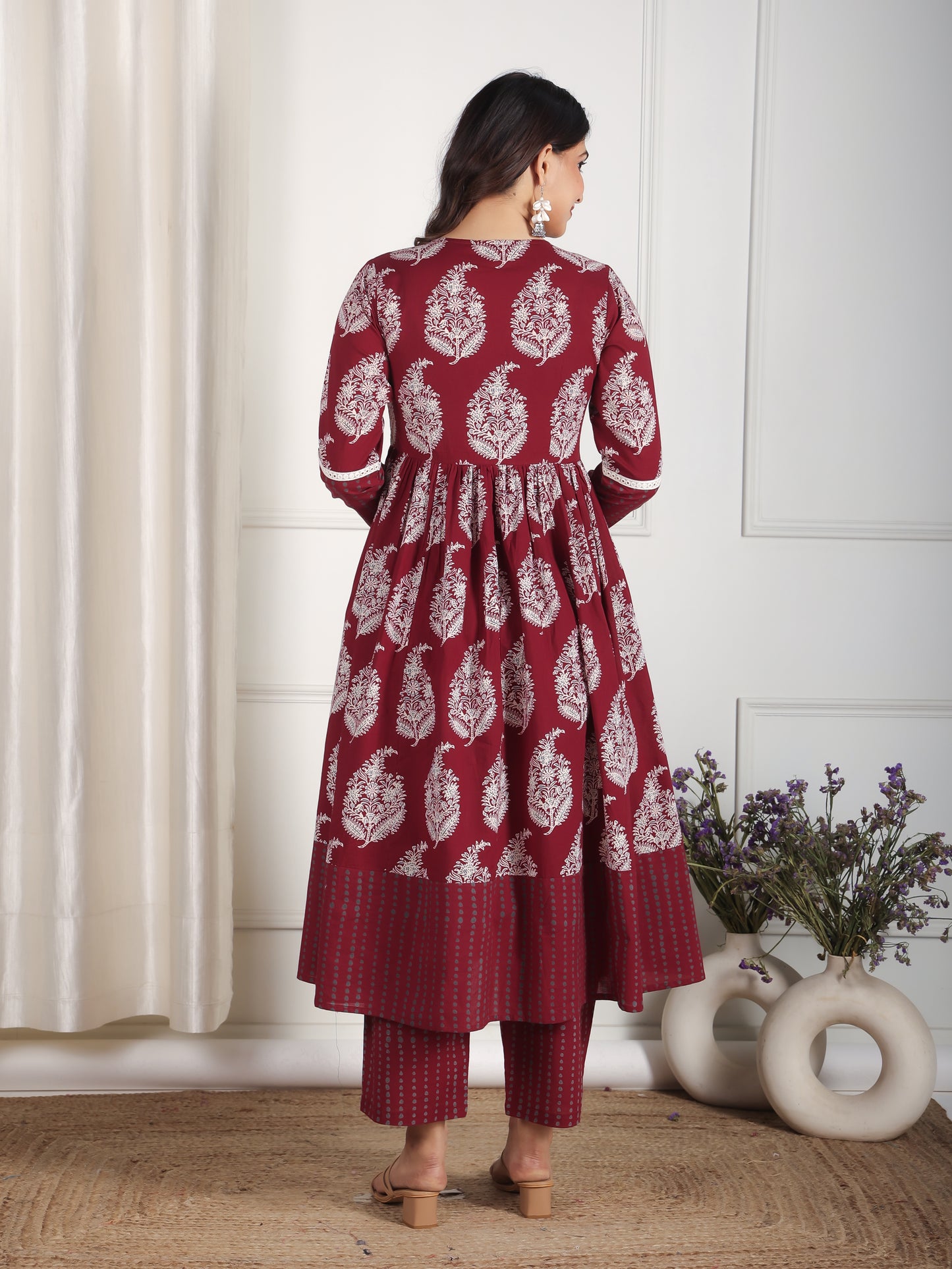 Soft Cotton Floral Anarkali Maroon Kurta