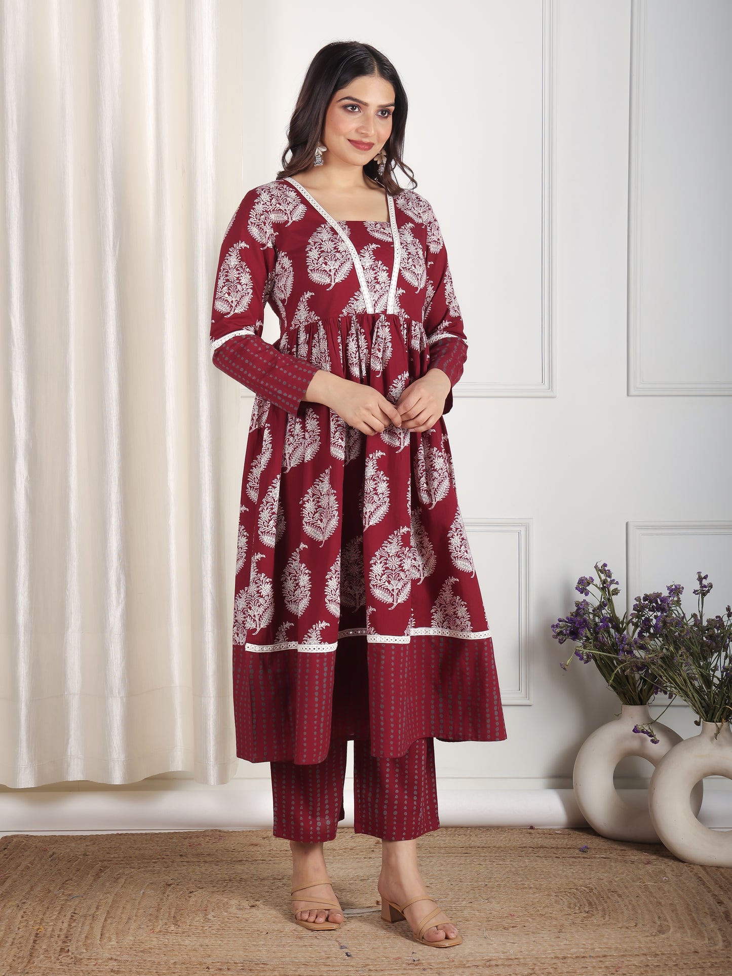 Soft Cotton Floral Anarkali Maroon Kurta