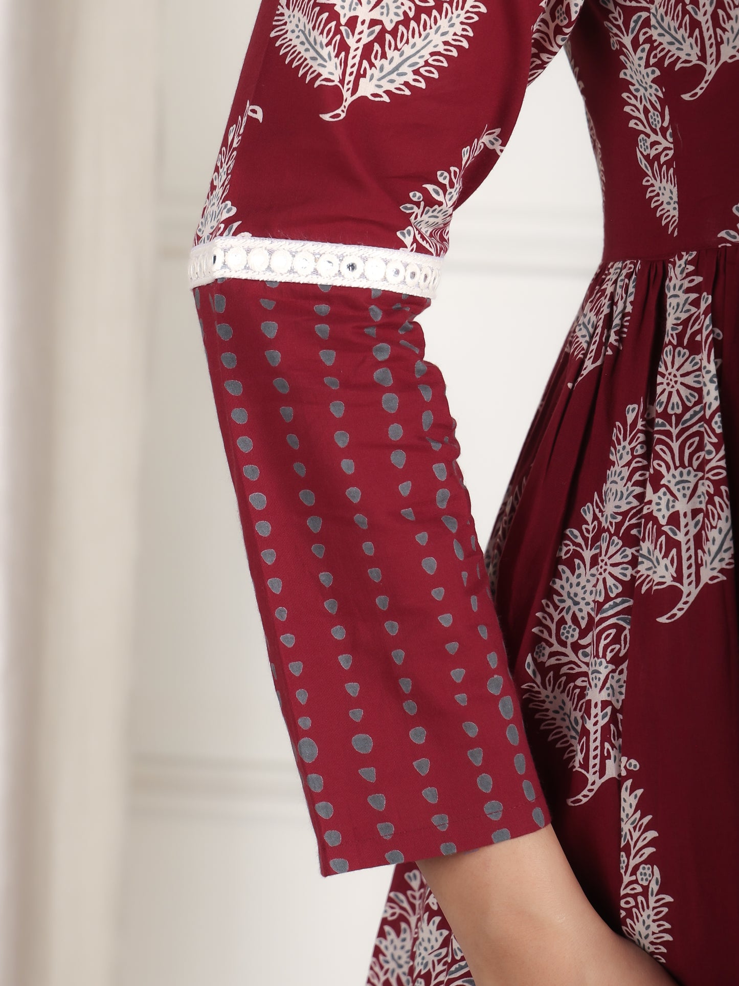 Soft Cotton Floral Anarkali Maroon Kurta