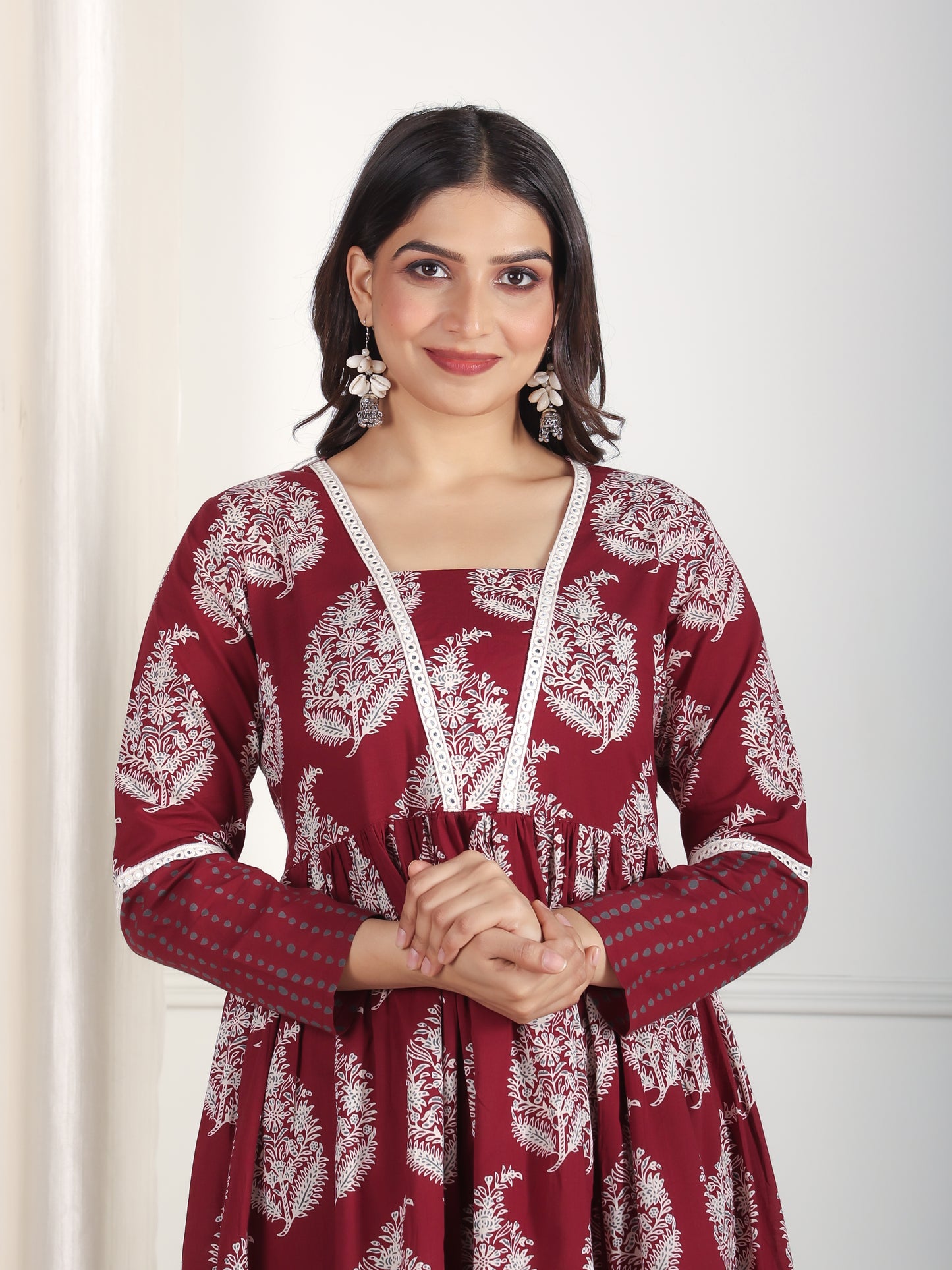 Soft Cotton Floral Anarkali Maroon Kurta