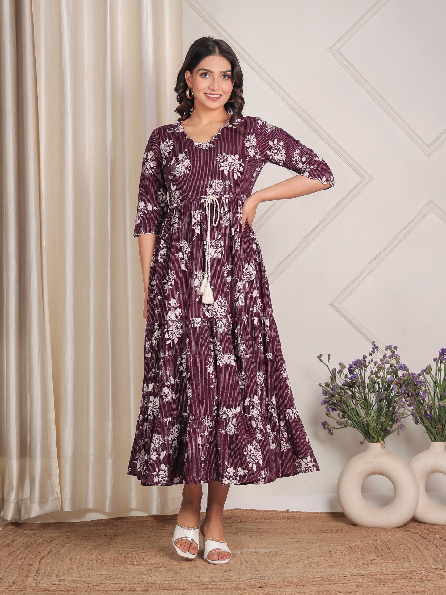 Kantha Cotton Floral A-line Purple Dress