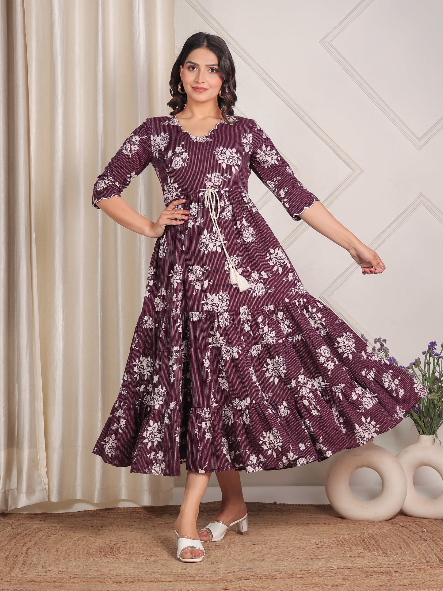 Kantha Cotton Floral A-line Purple Dress