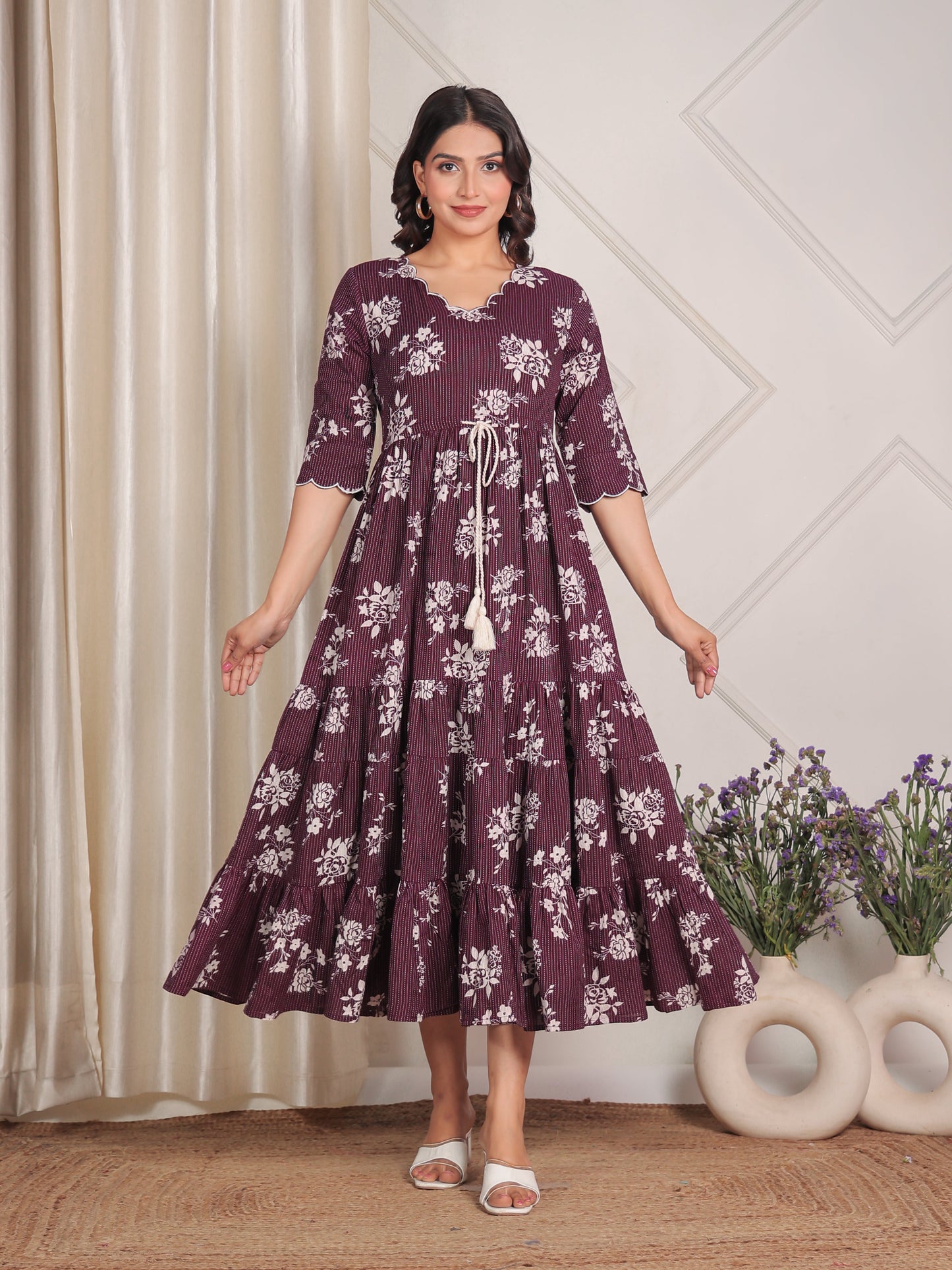 Kantha Cotton Floral A-line Purple Dress