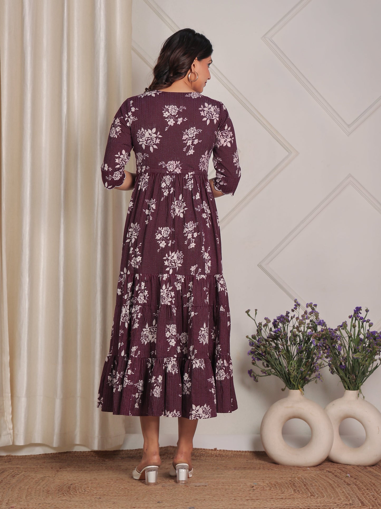 Kantha Cotton Floral A-line Purple Dress