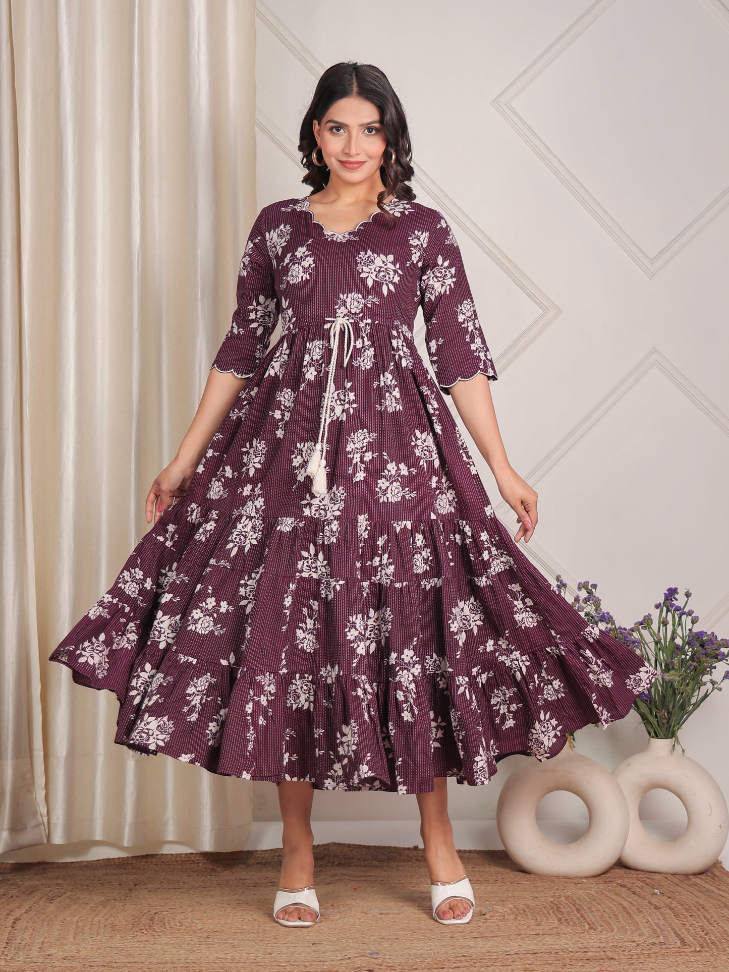 Kantha Cotton Floral A-line Purple Dress