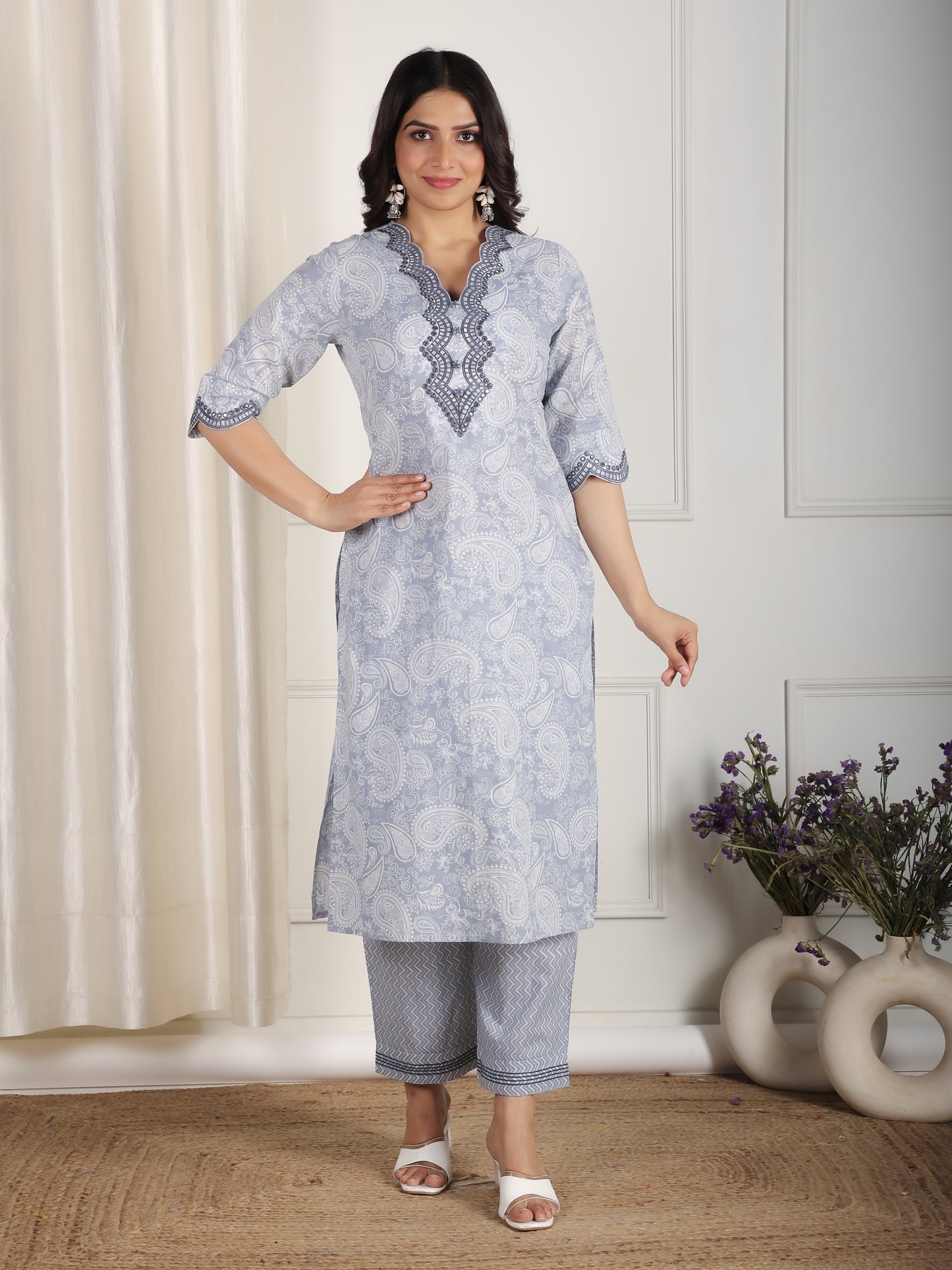 Embroidered Soft Cotton Paisley Straight Blue Kurta