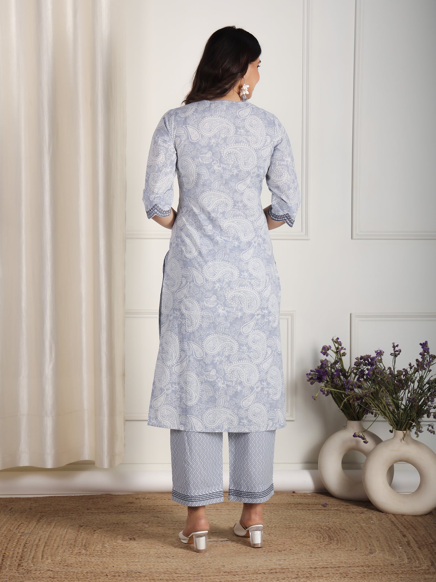 Embroidered Soft Cotton Paisley Straight Blue Kurta