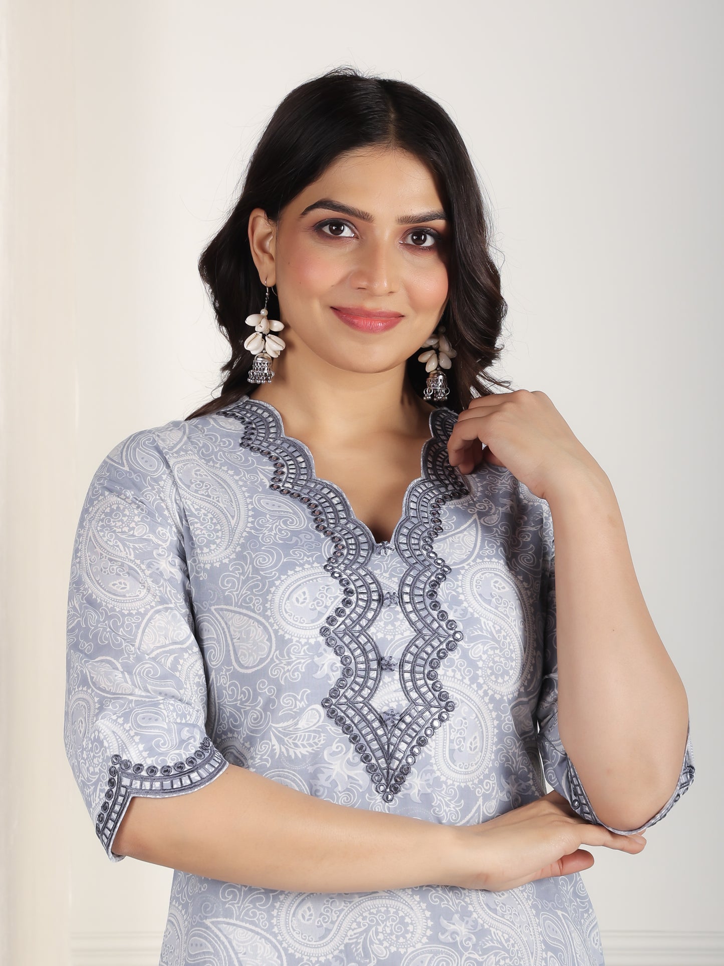 Embroidered Soft Cotton Paisley Straight Blue Kurta