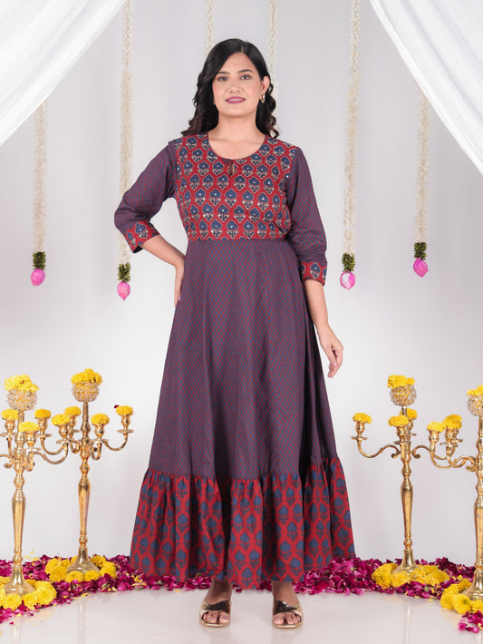 Embroidered Soft Cotton Butti Anarkali Red Dress