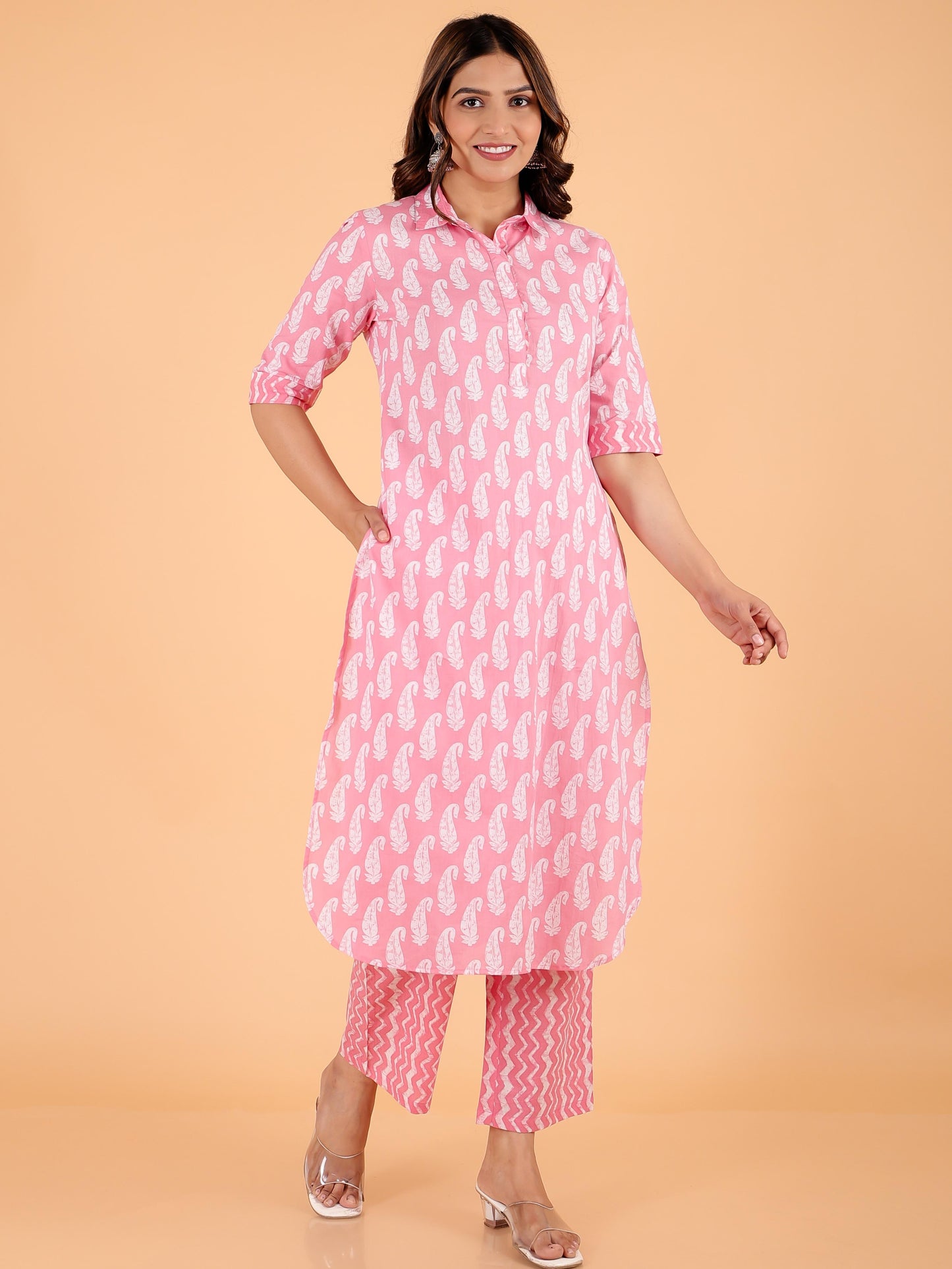 Soft Cotton Paisley Pathani Pink Kurta
