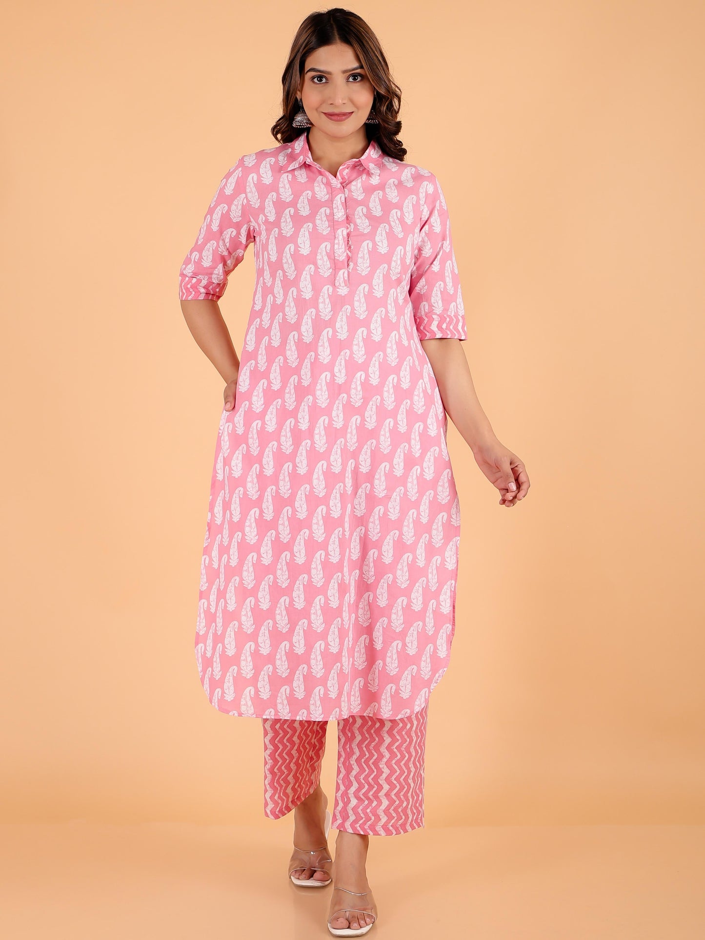 Soft Cotton Paisley Pathani Pink Kurta