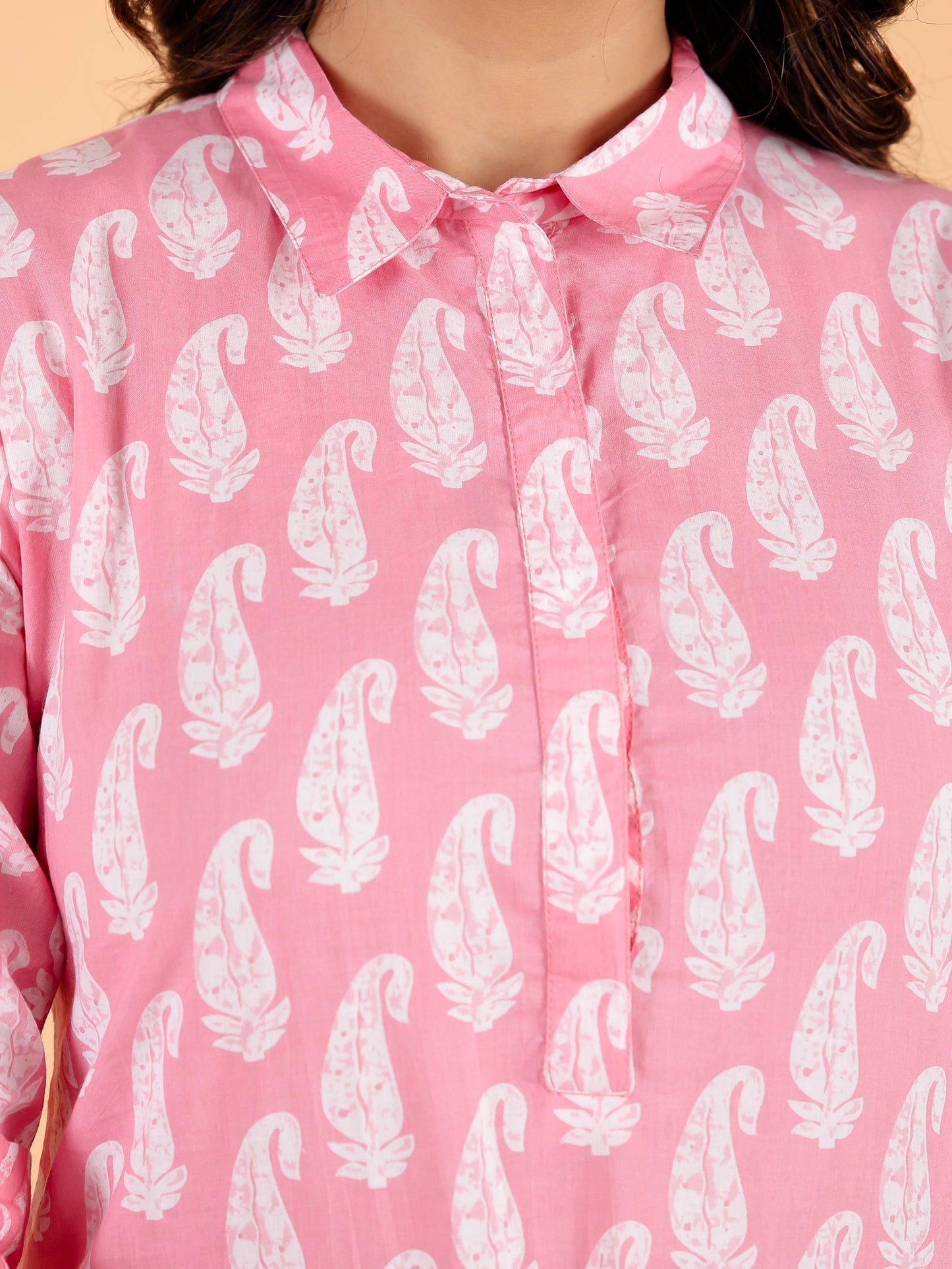 Soft Cotton Paisley Pathani Pink Kurta