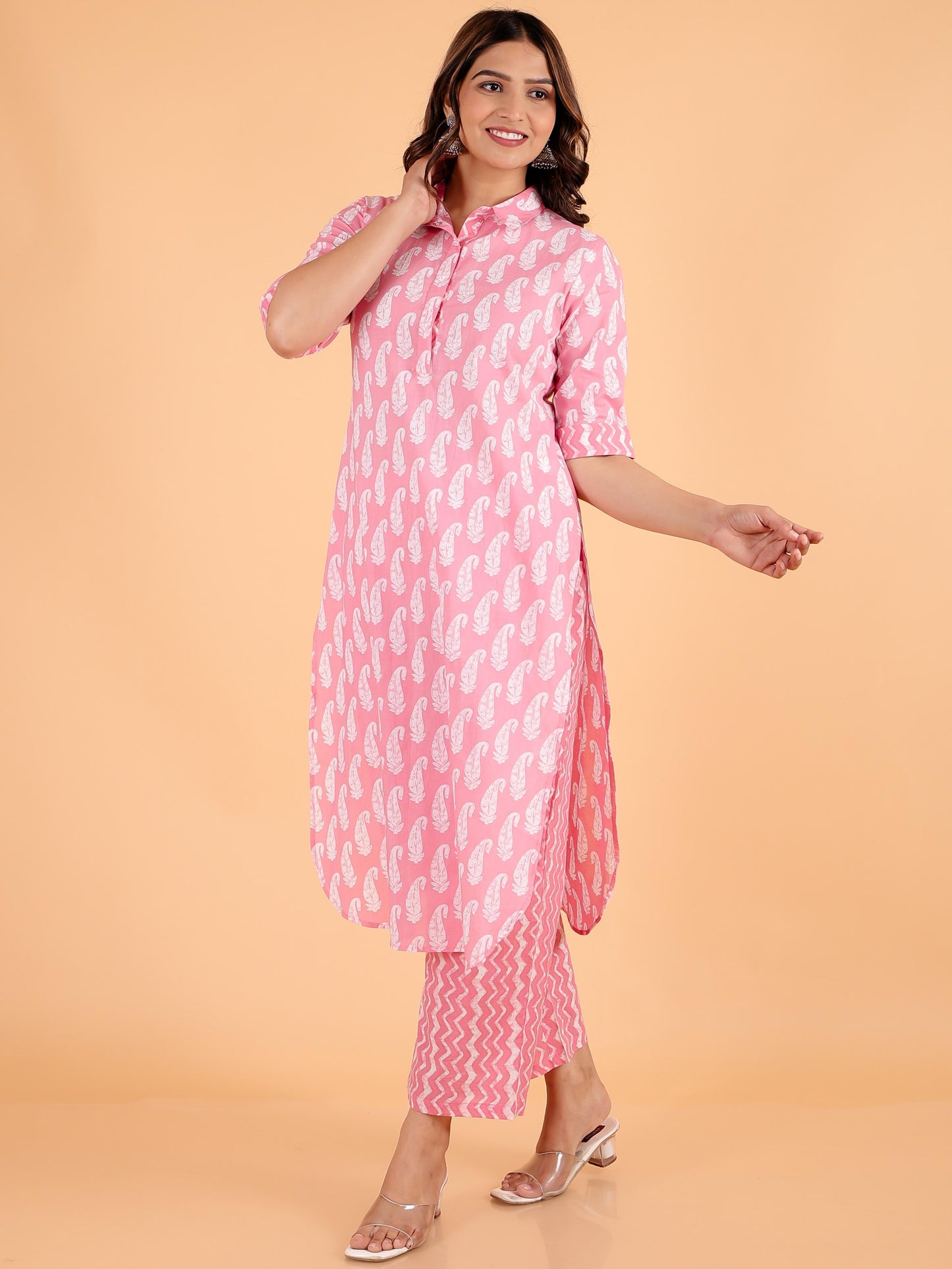 Soft Cotton Paisley Pathani Pink Kurta