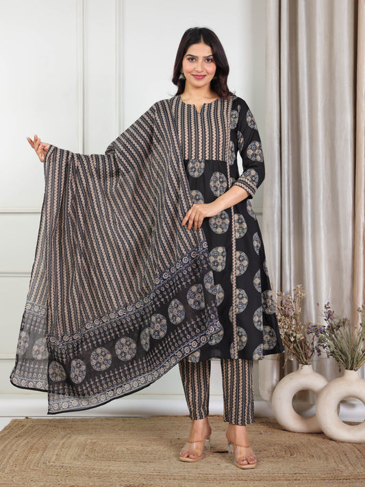 Soft Cotton Abstract Panelled Black Kurta