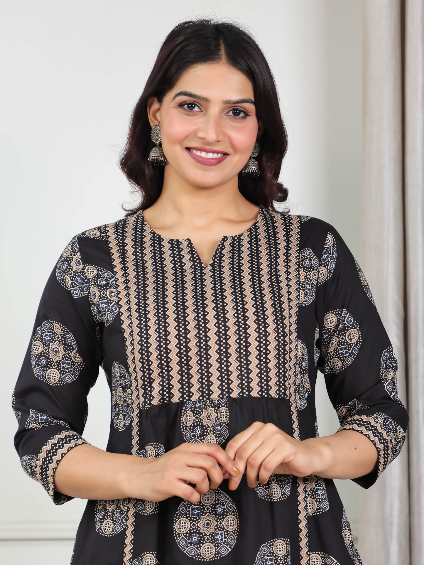 Soft Cotton Abstract Panelled Black Kurta