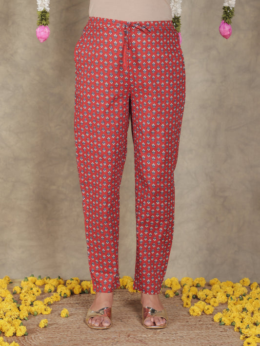 Soft Cotton Block Print Red Tapered Trousers