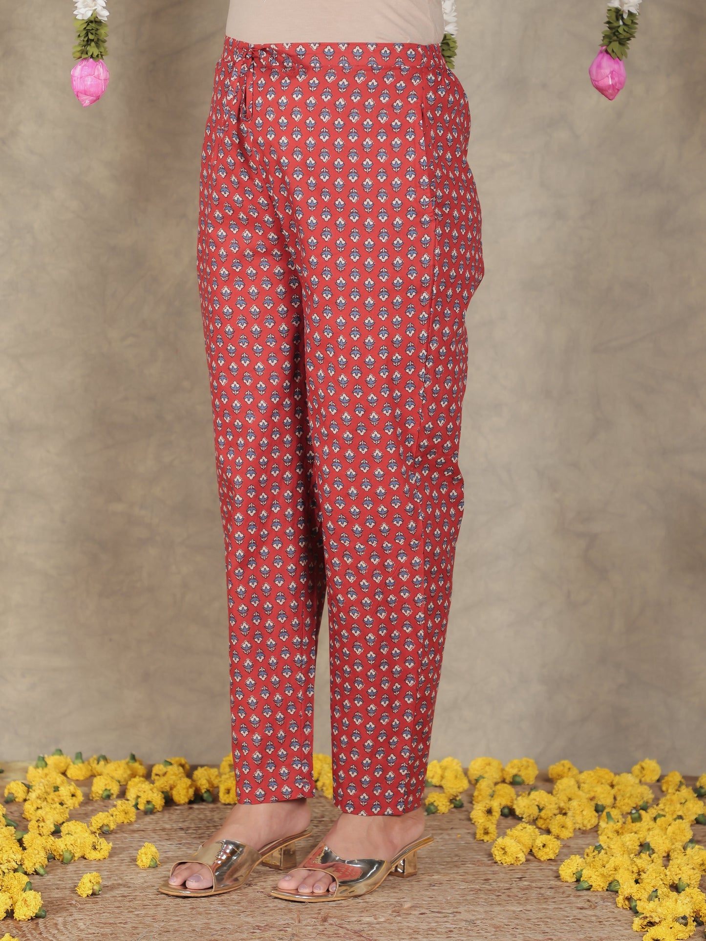 Soft Cotton Block Print Red Tapered Trousers