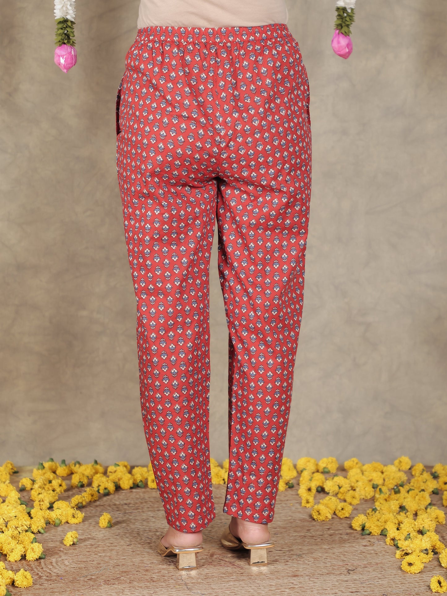 Soft Cotton Block Print Red Tapered Trousers