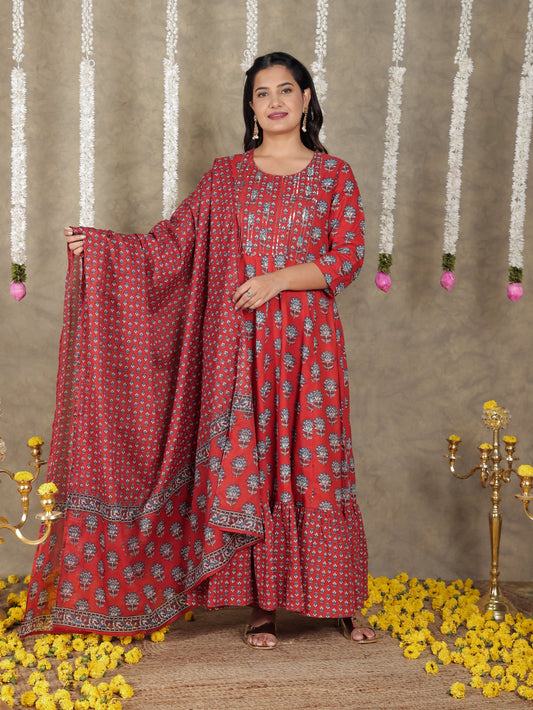 Cotton Voile Block Print Red Dupatta