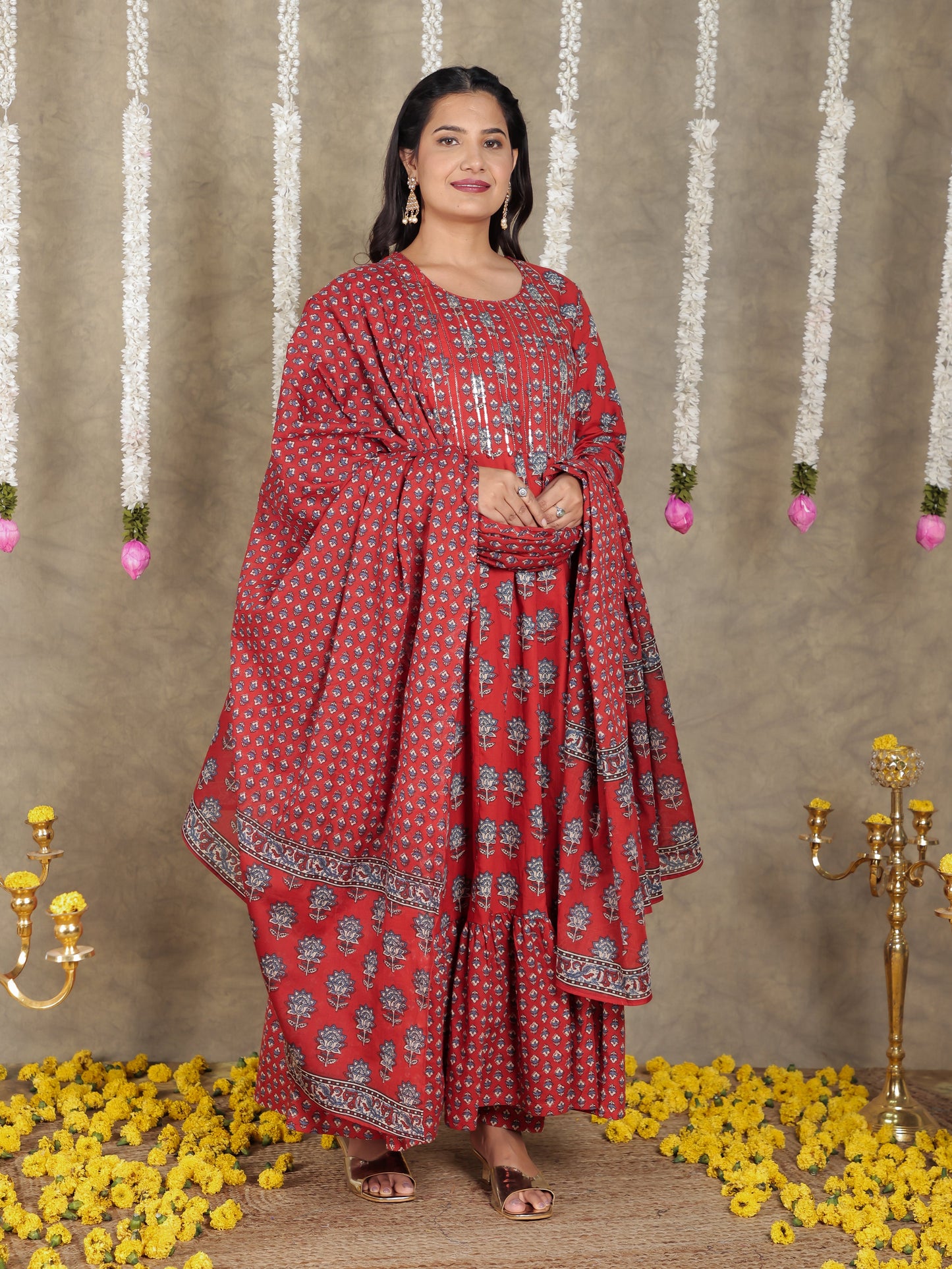 Cotton Voile Block Print Red Dupatta