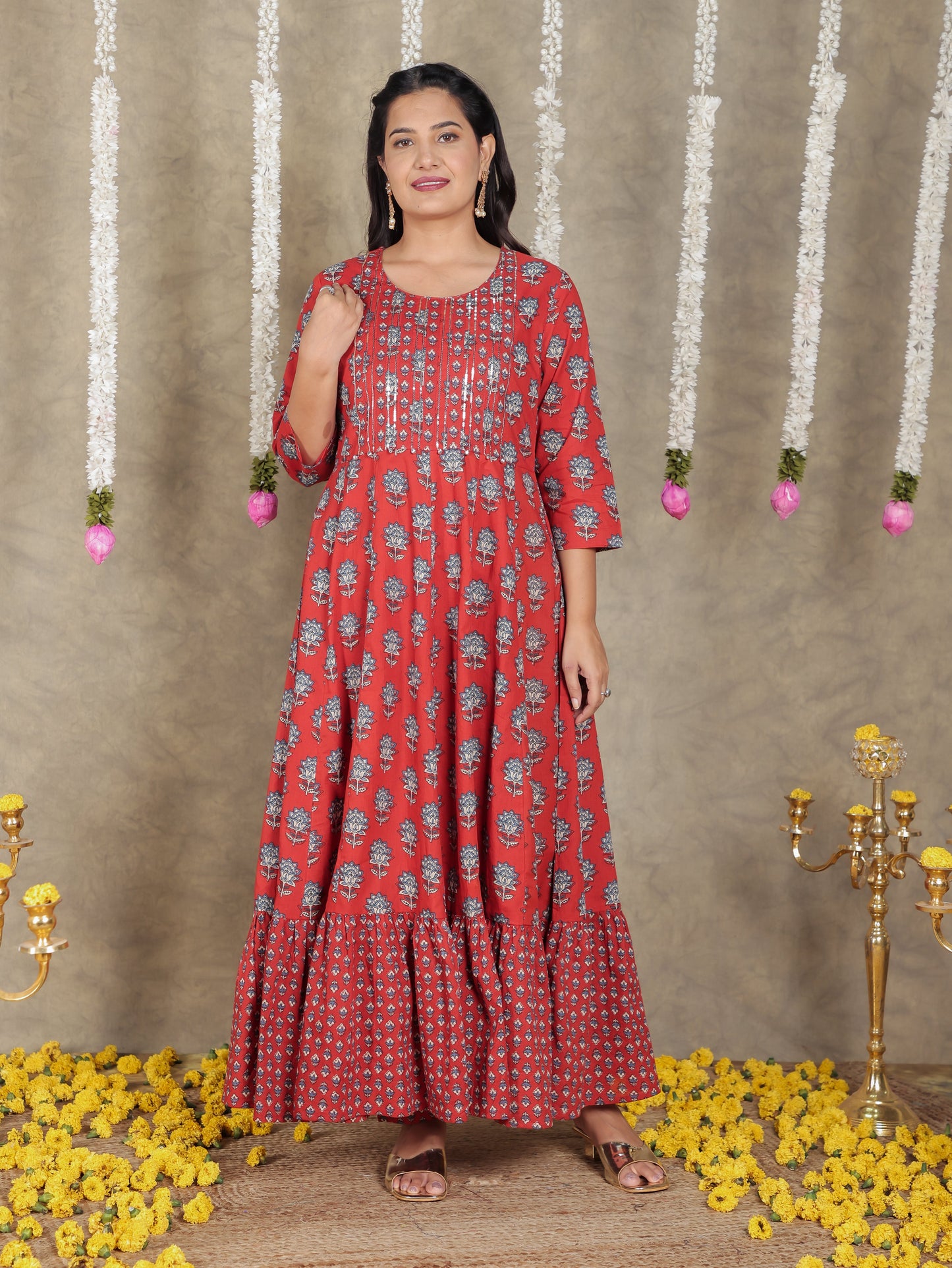Embroidered Soft Cotton Block Print Anarkali Red Kurta