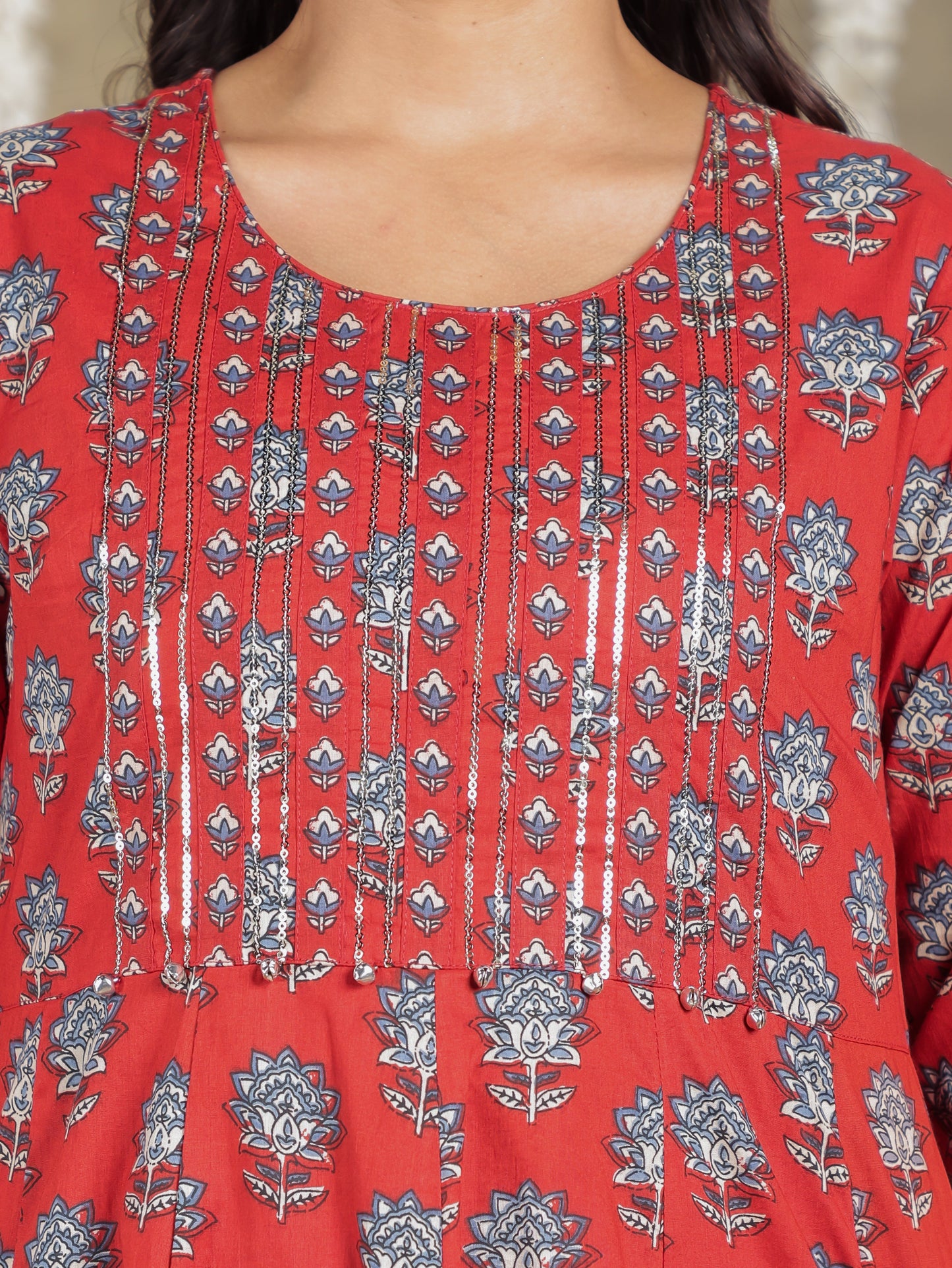 Embroidered Soft Cotton Block Print Anarkali Red Kurta