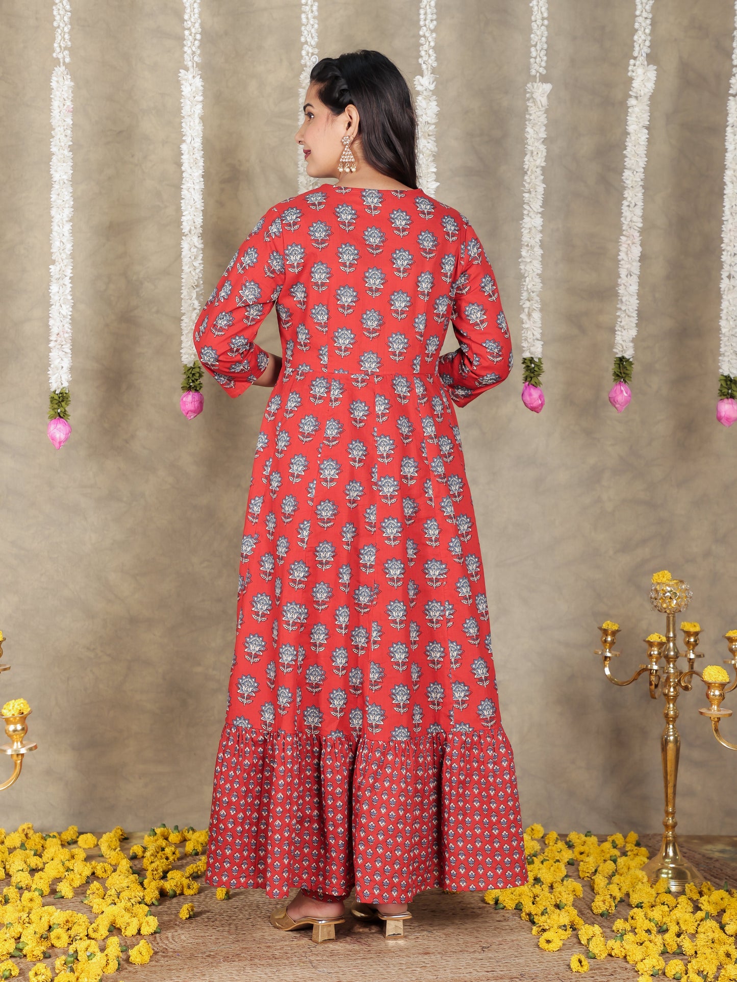 Embroidered Soft Cotton Block Print Anarkali Red Kurta