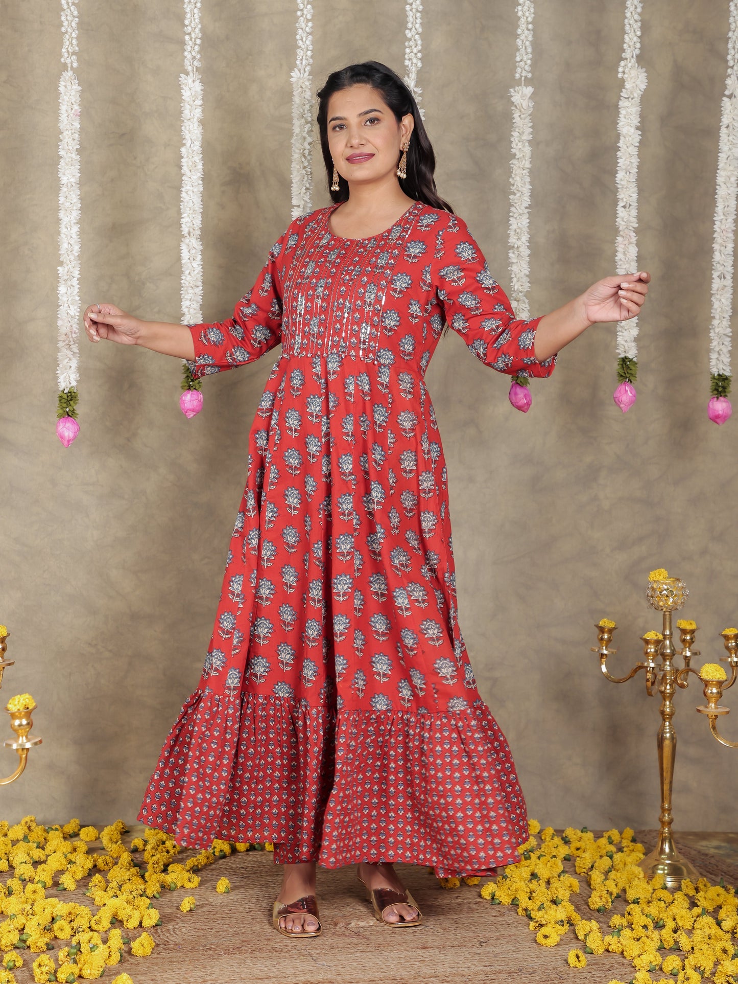 Embroidered Soft Cotton Block Print Anarkali Red Kurta