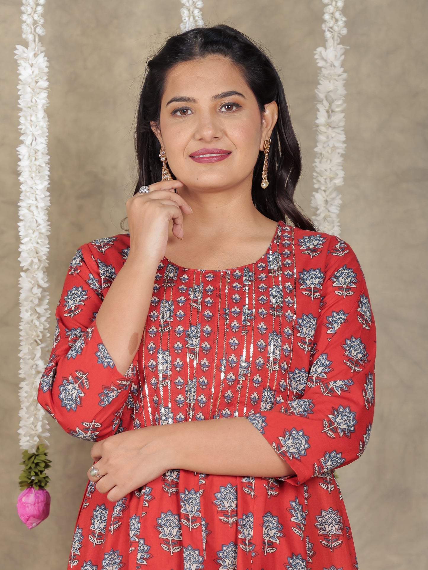 Embroidered Soft Cotton Block Print Anarkali Red Kurta