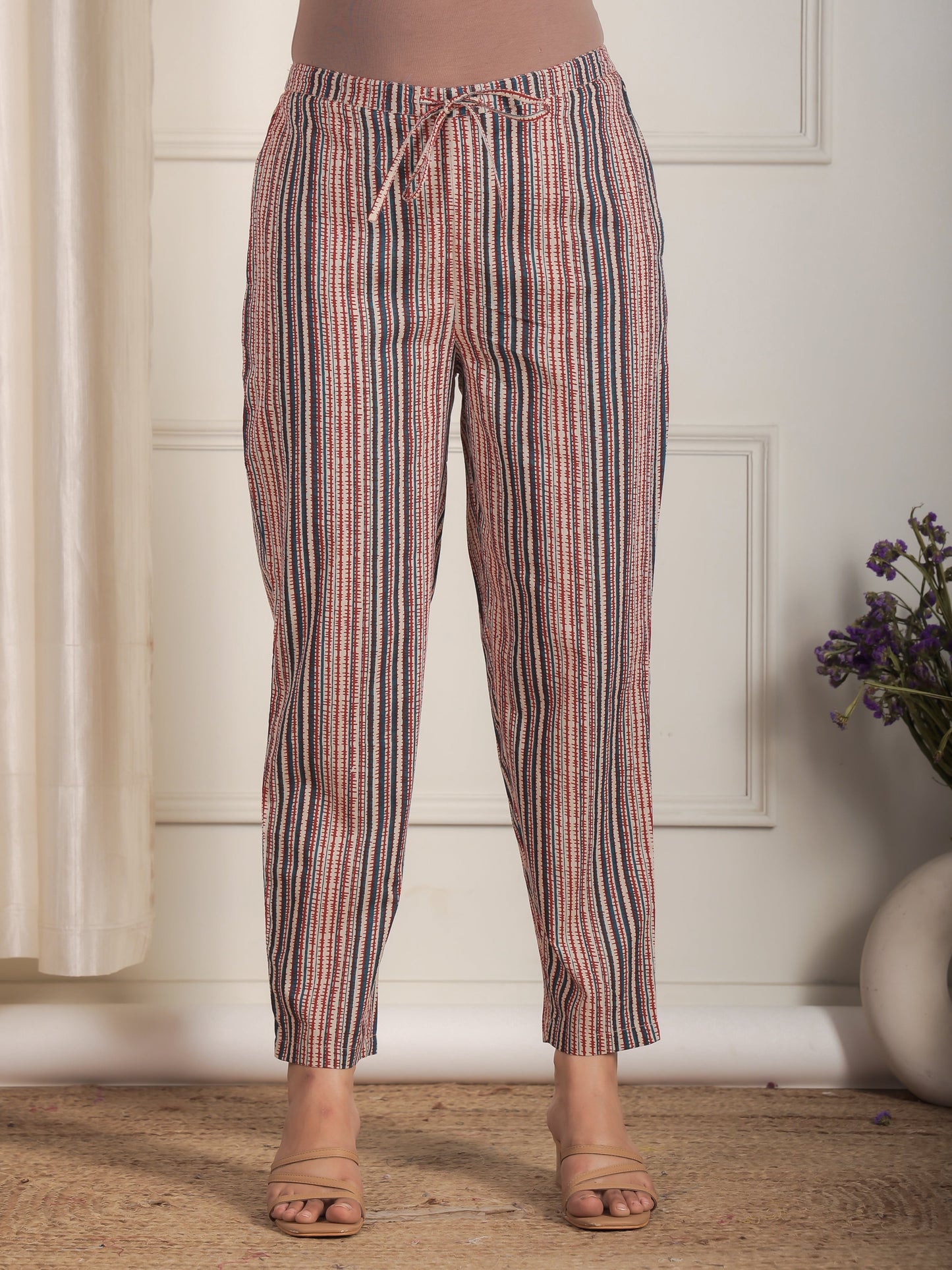 Soft Cotton Striped Blue Tapered Trousers
