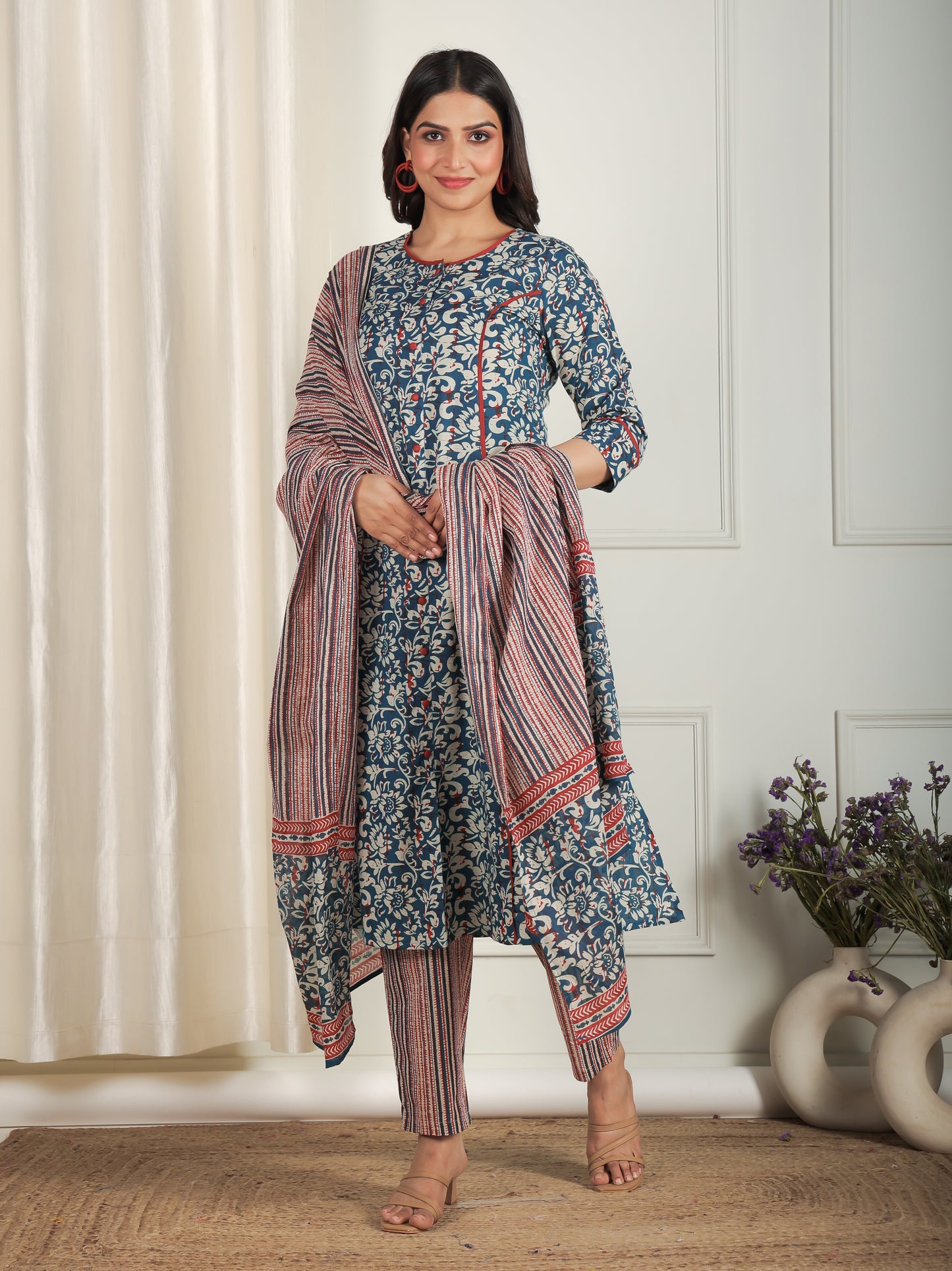 Soft Cotton Floral A-line Blue Kurta