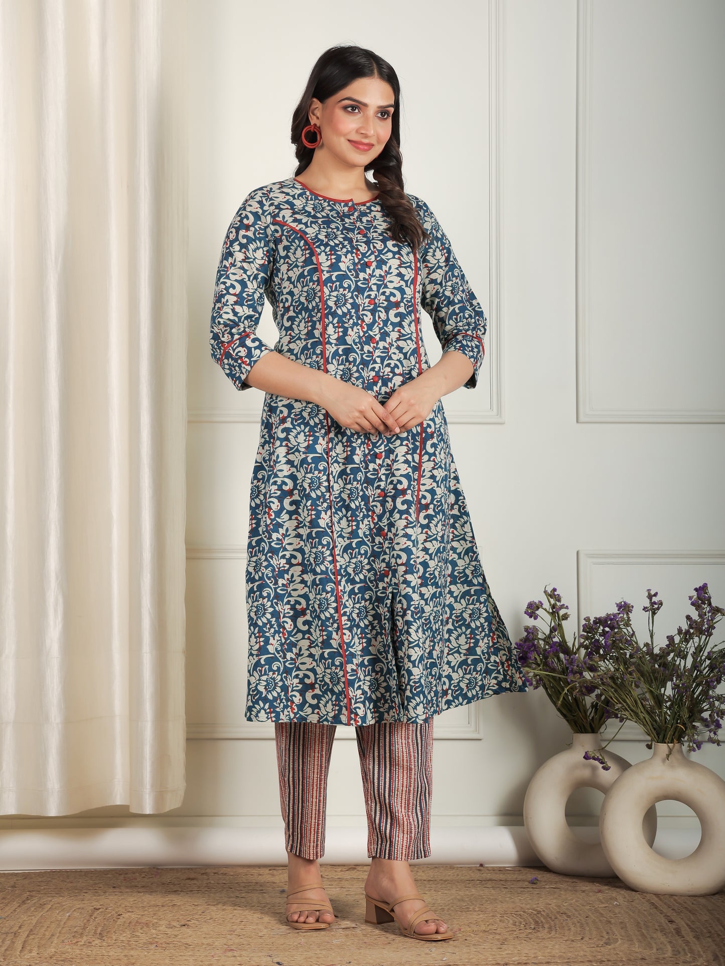 Soft Cotton Floral A-line Blue Kurta