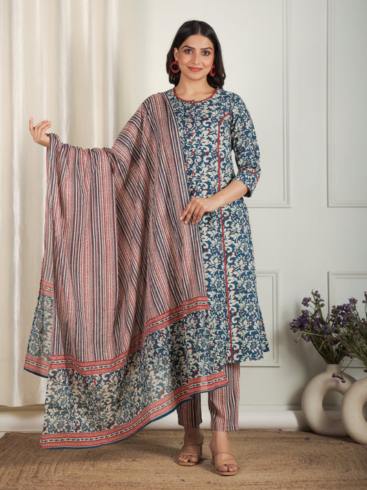 Soft Cotton Floral A-line Blue Kurta