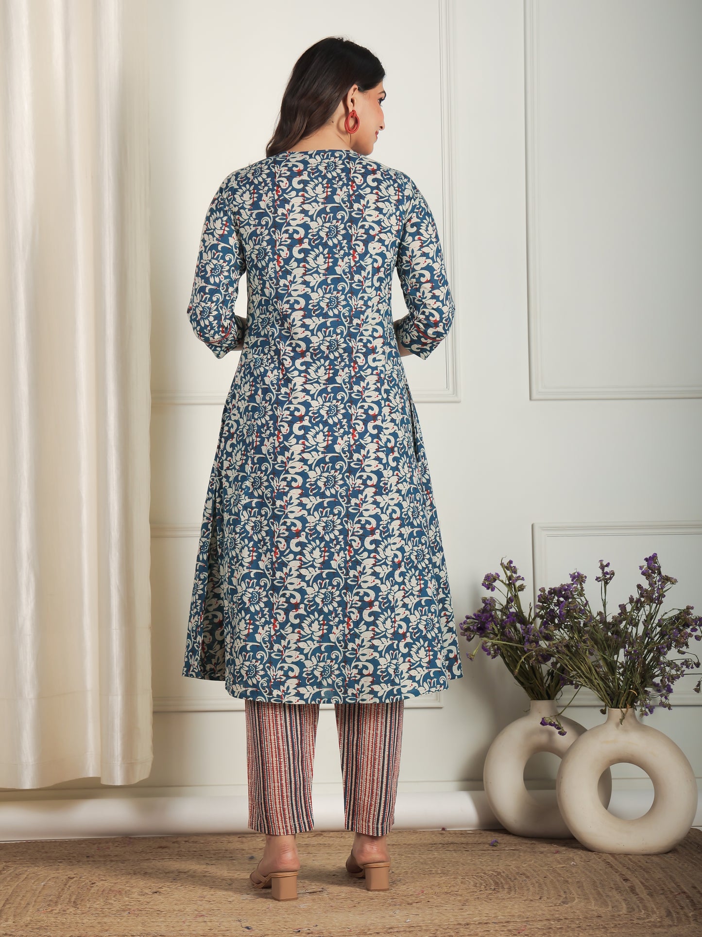 Soft Cotton Floral A-line Blue Kurta