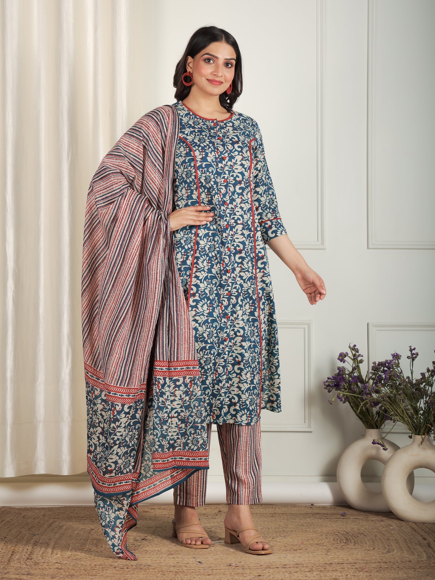 Soft Cotton Floral A-line Blue Kurta