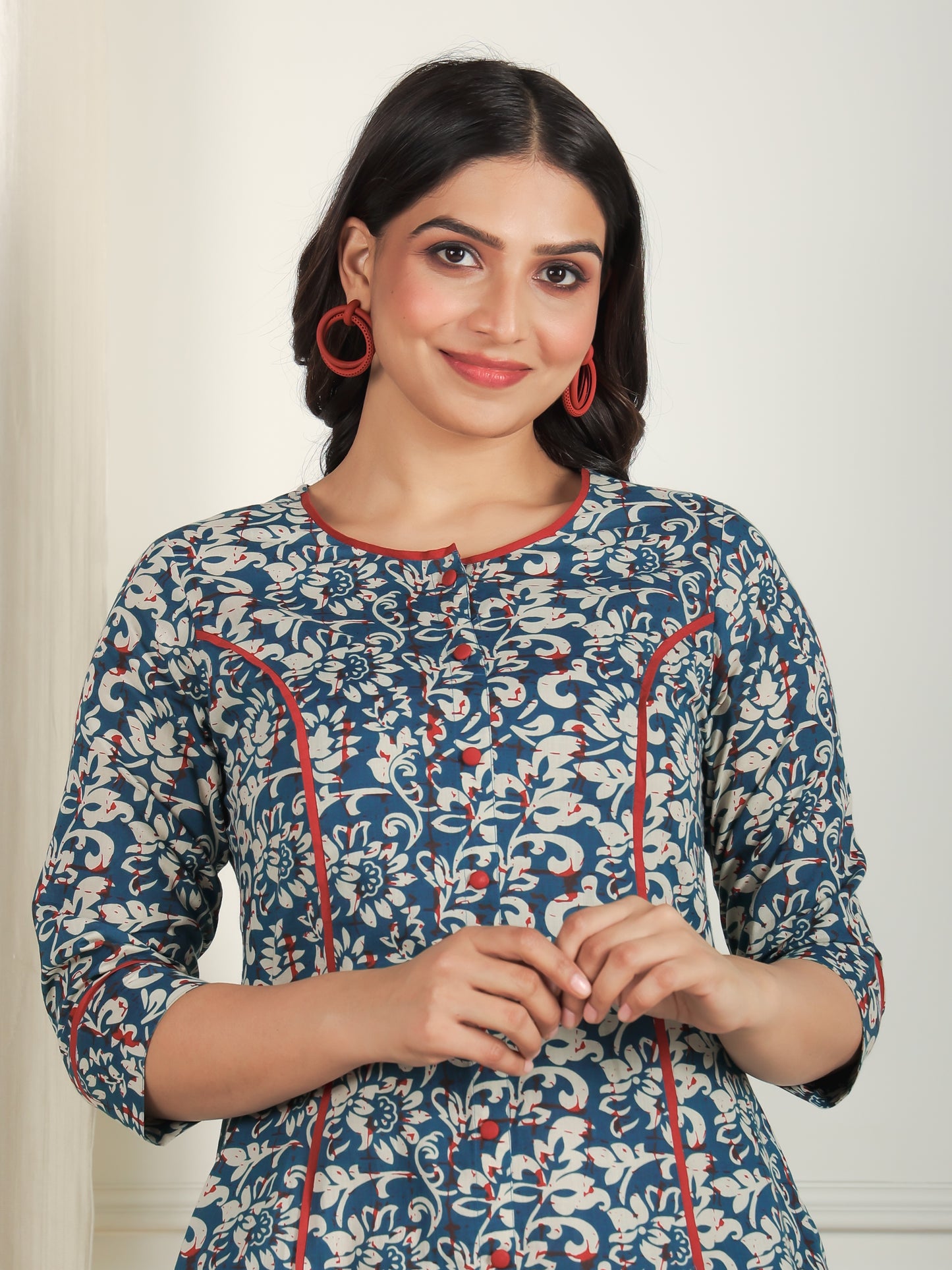 Soft Cotton Floral A-line Blue Kurta