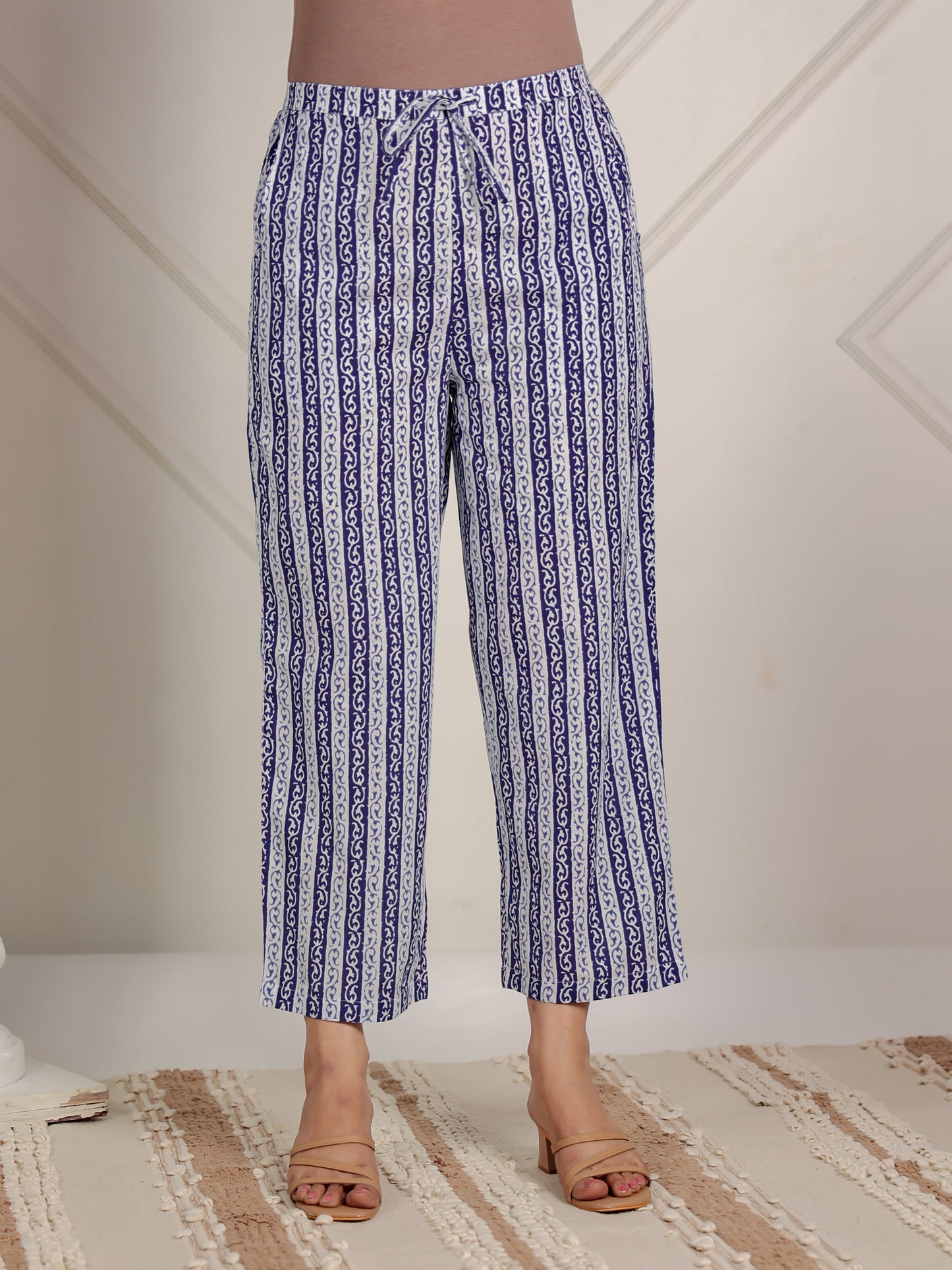 Soft Cotton Striped Blue Straight Trousers