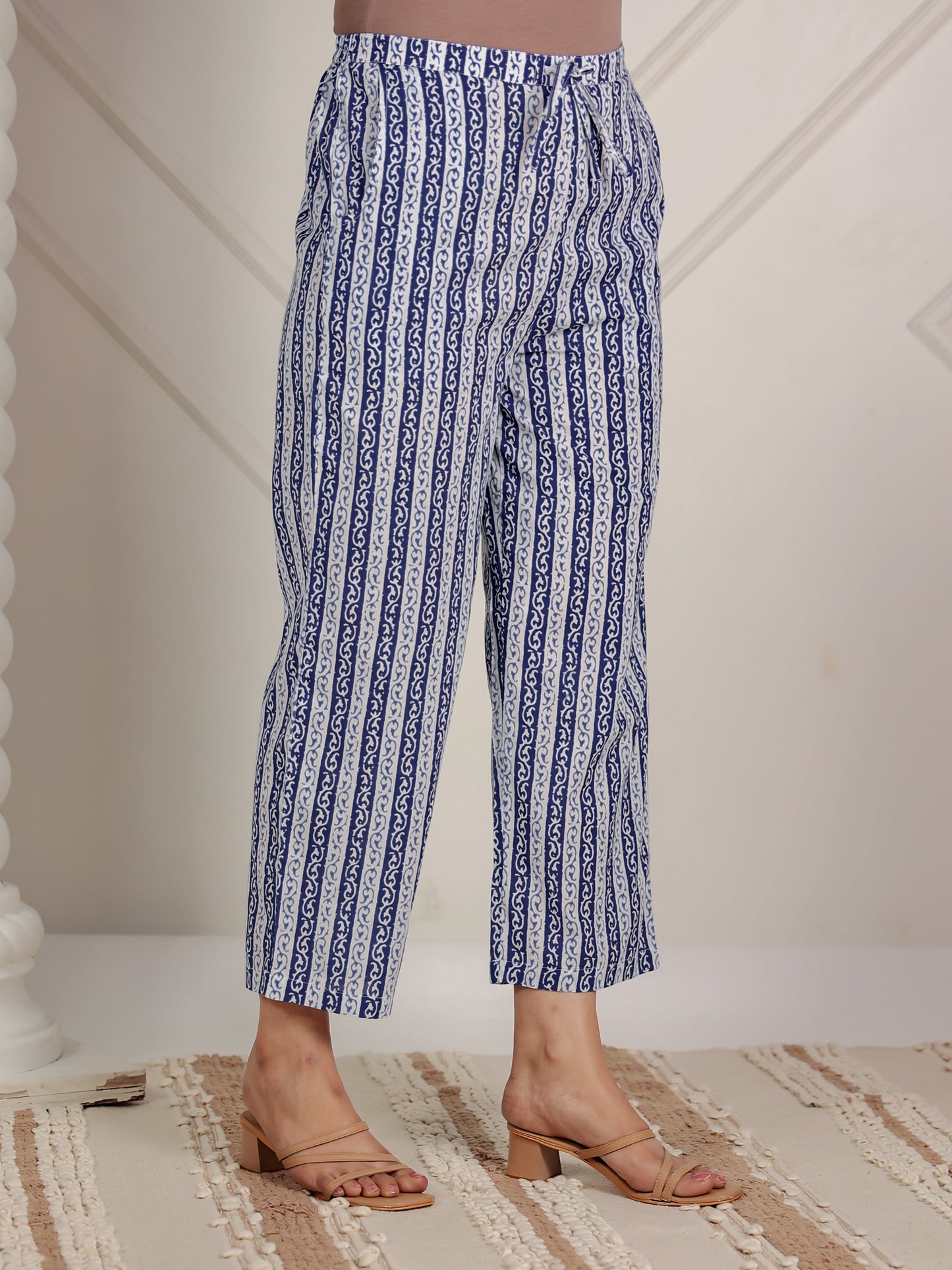 Soft Cotton Striped Blue Straight Trousers