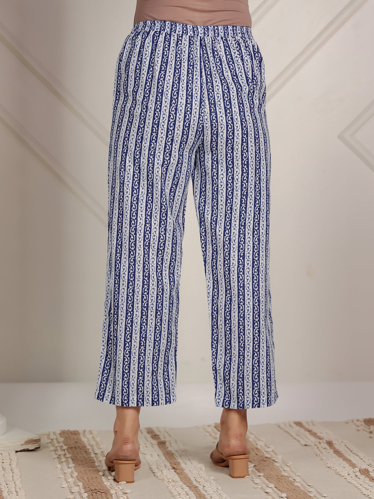 Soft Cotton Striped Blue Straight Trousers