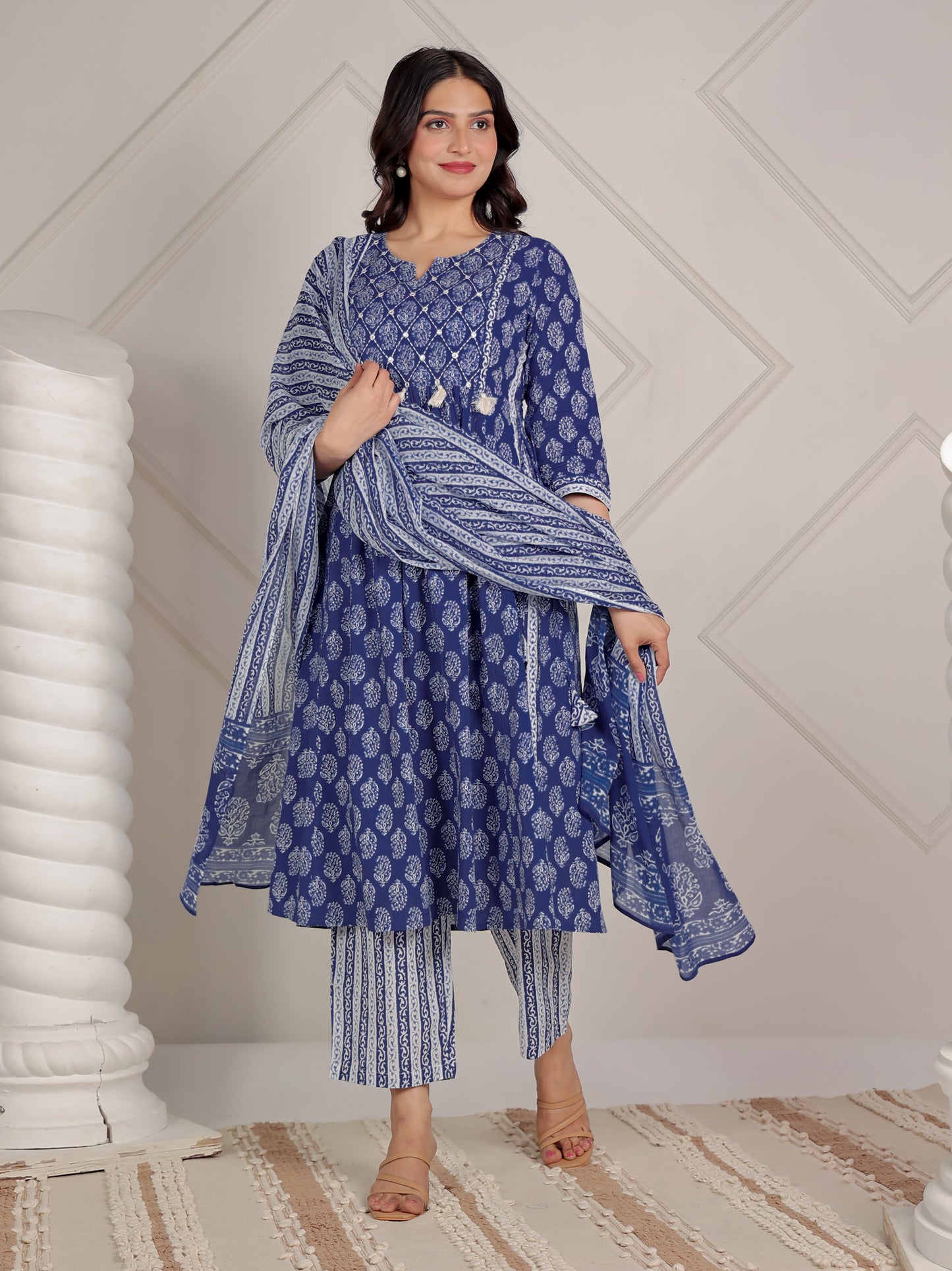 Embroidered Soft Cotton Butti A-line Blue Kurta